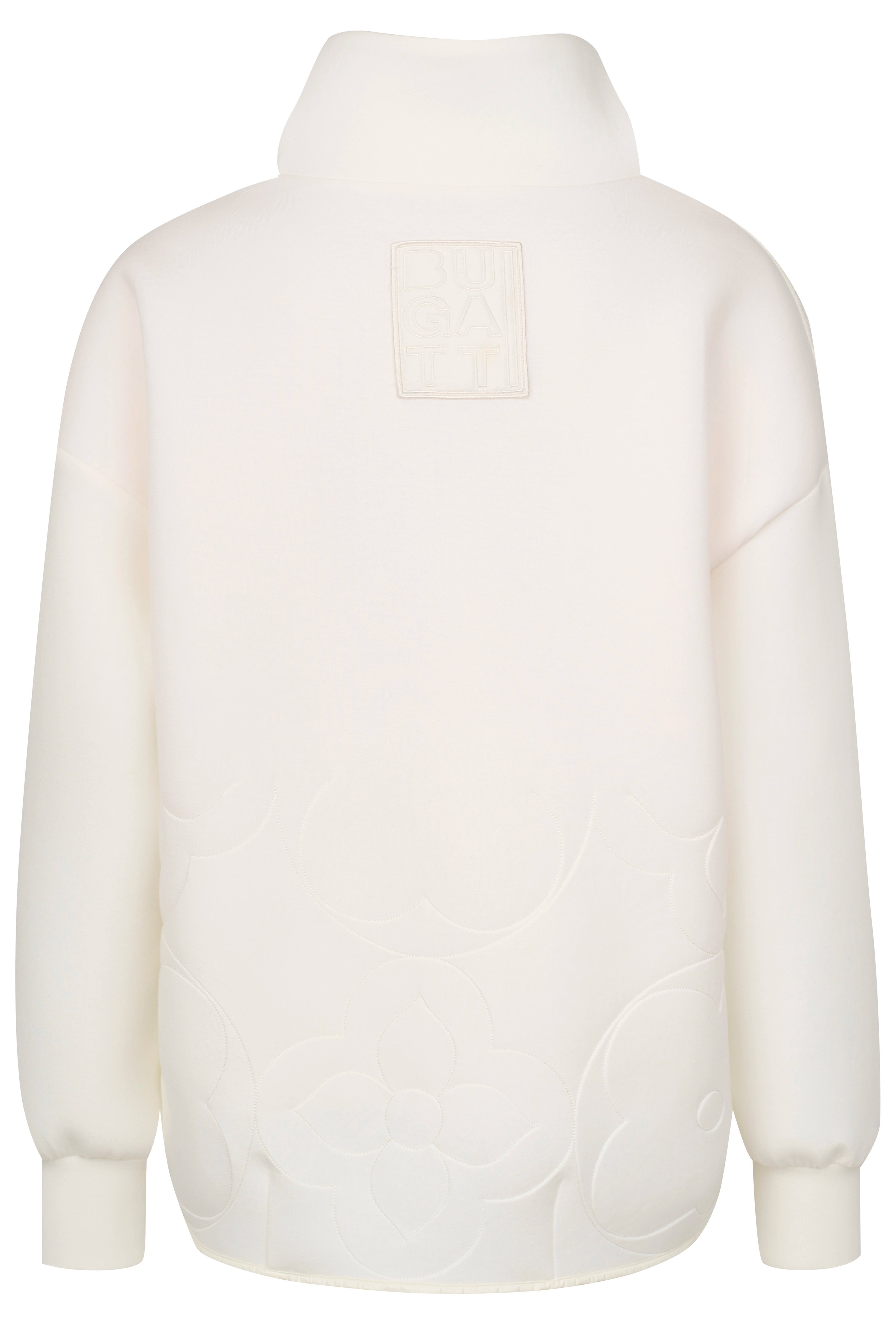 bugatti cremefarbener Pullover mit eingesticktem Muster, Büstenbild, stilvoll und elegant.