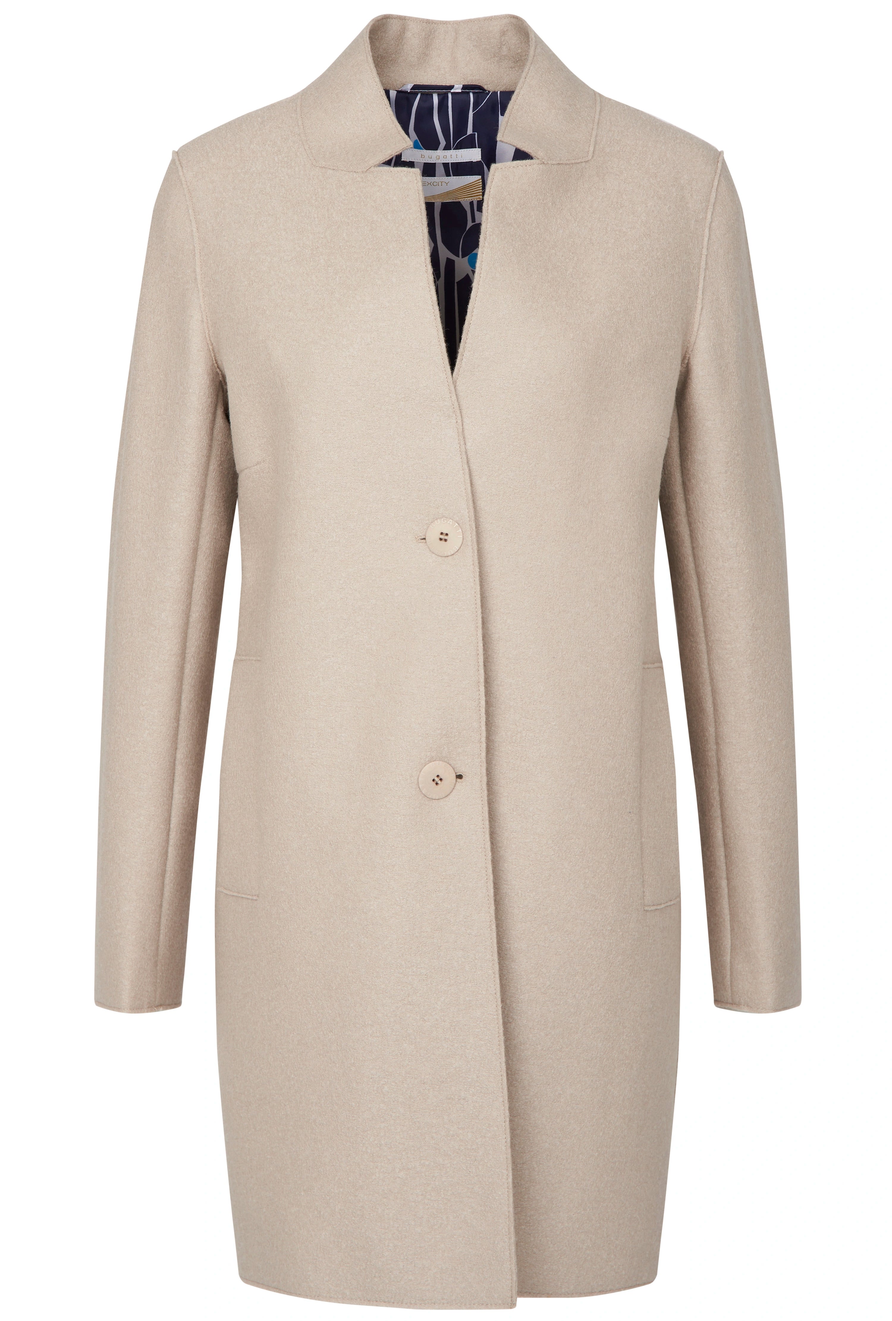 Beiger Damenmantel von bugatti, elegantes Design, Büstenbild, ohne Muster.