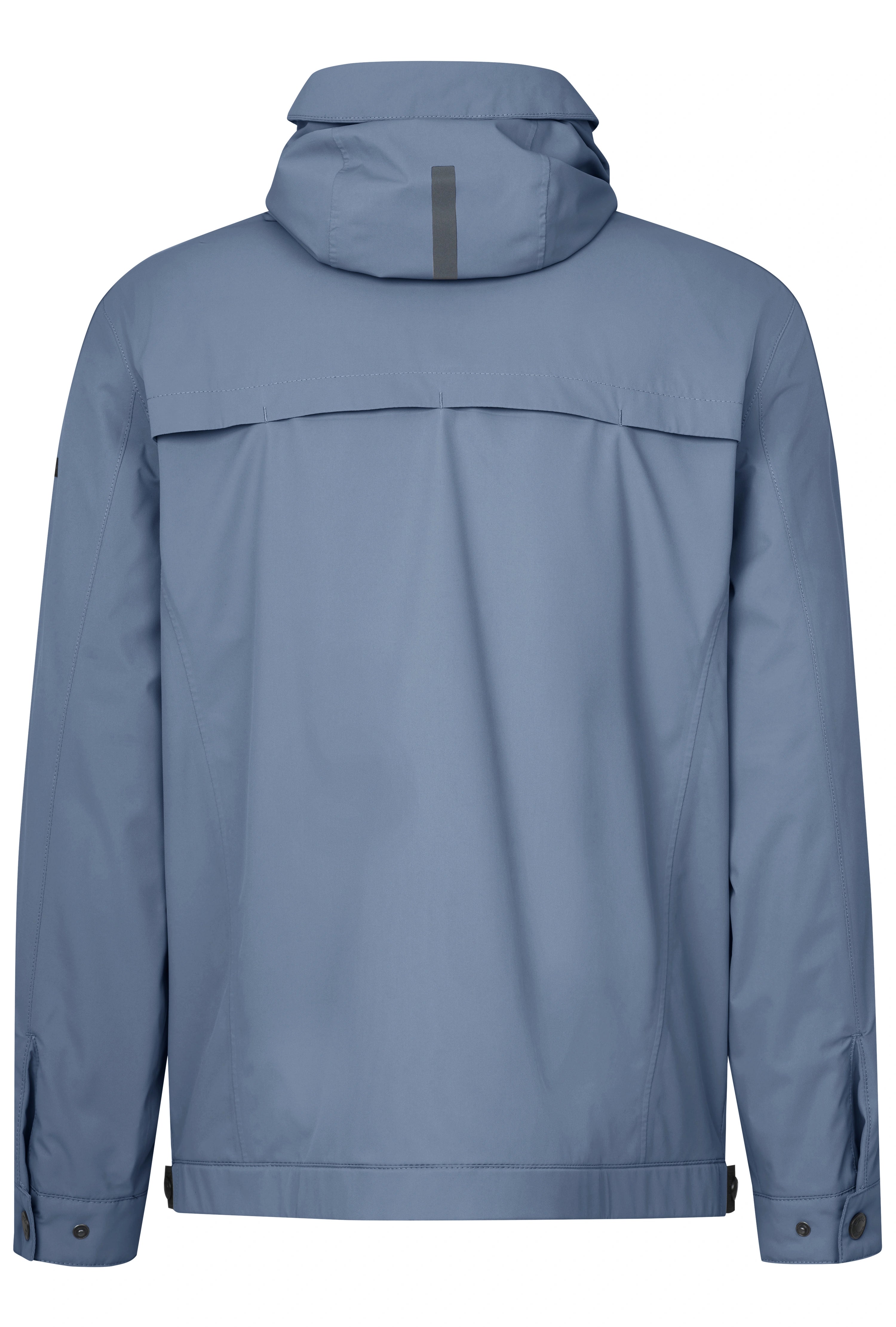 Rückansicht einer blauen bugatti Jacke mit Kapuze, ohne Muster, leger abgebildet.