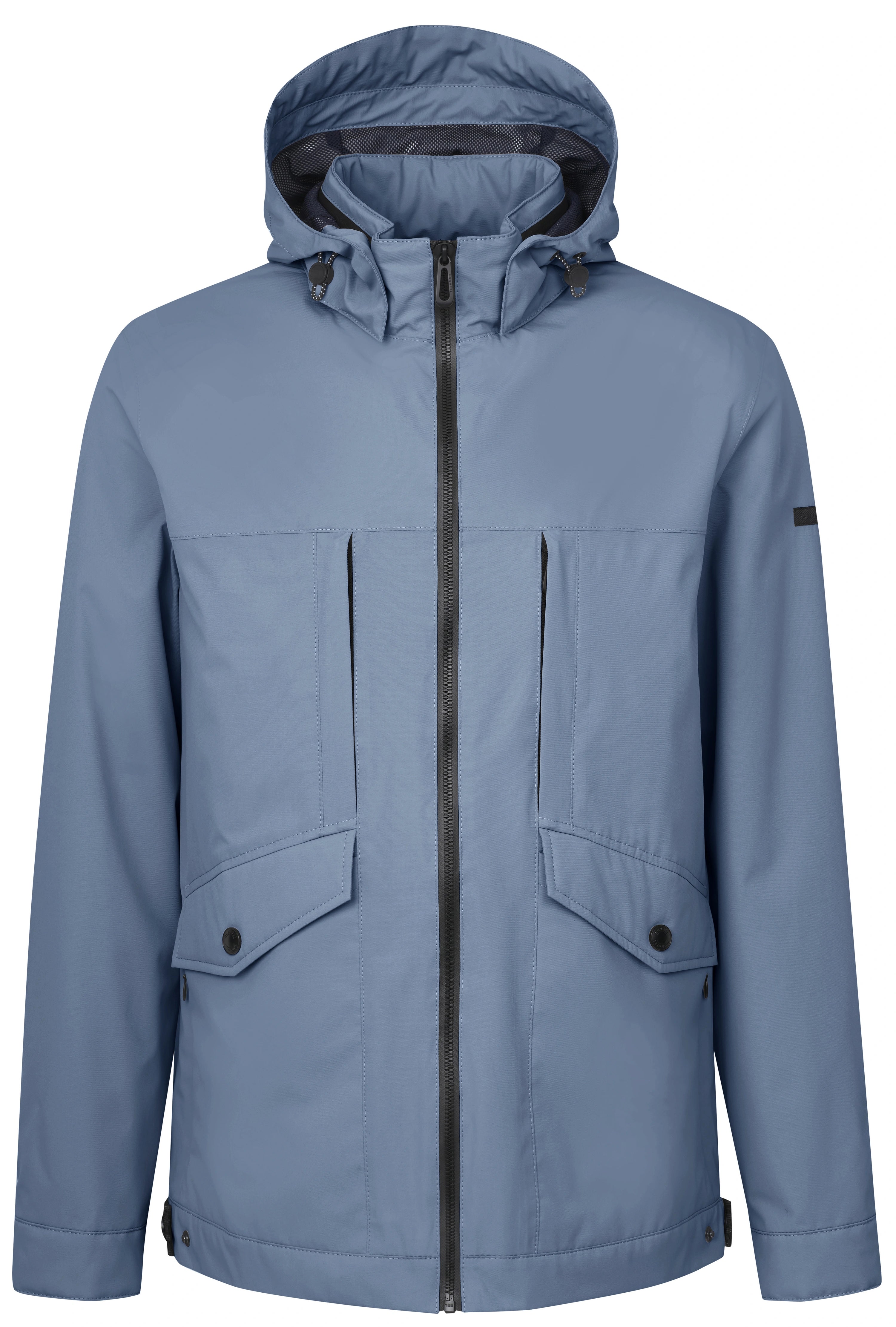 Bugatti blaue Jacke mit Kapuze, Büstenbild, stilvoll und funktional.