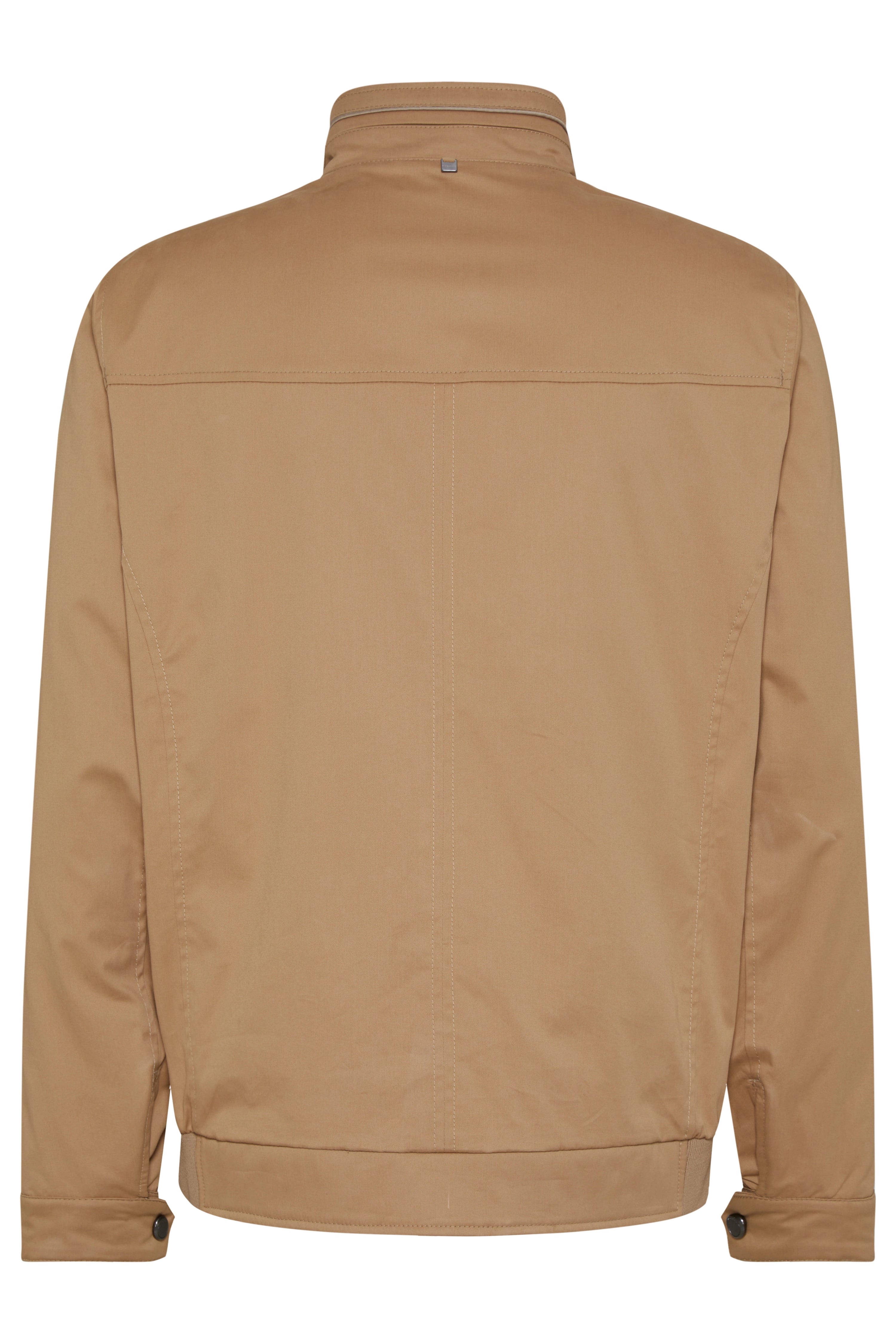 Beige bugatti Jacke mit Stehkragen und zwei Brusttaschen, Büstenbild.