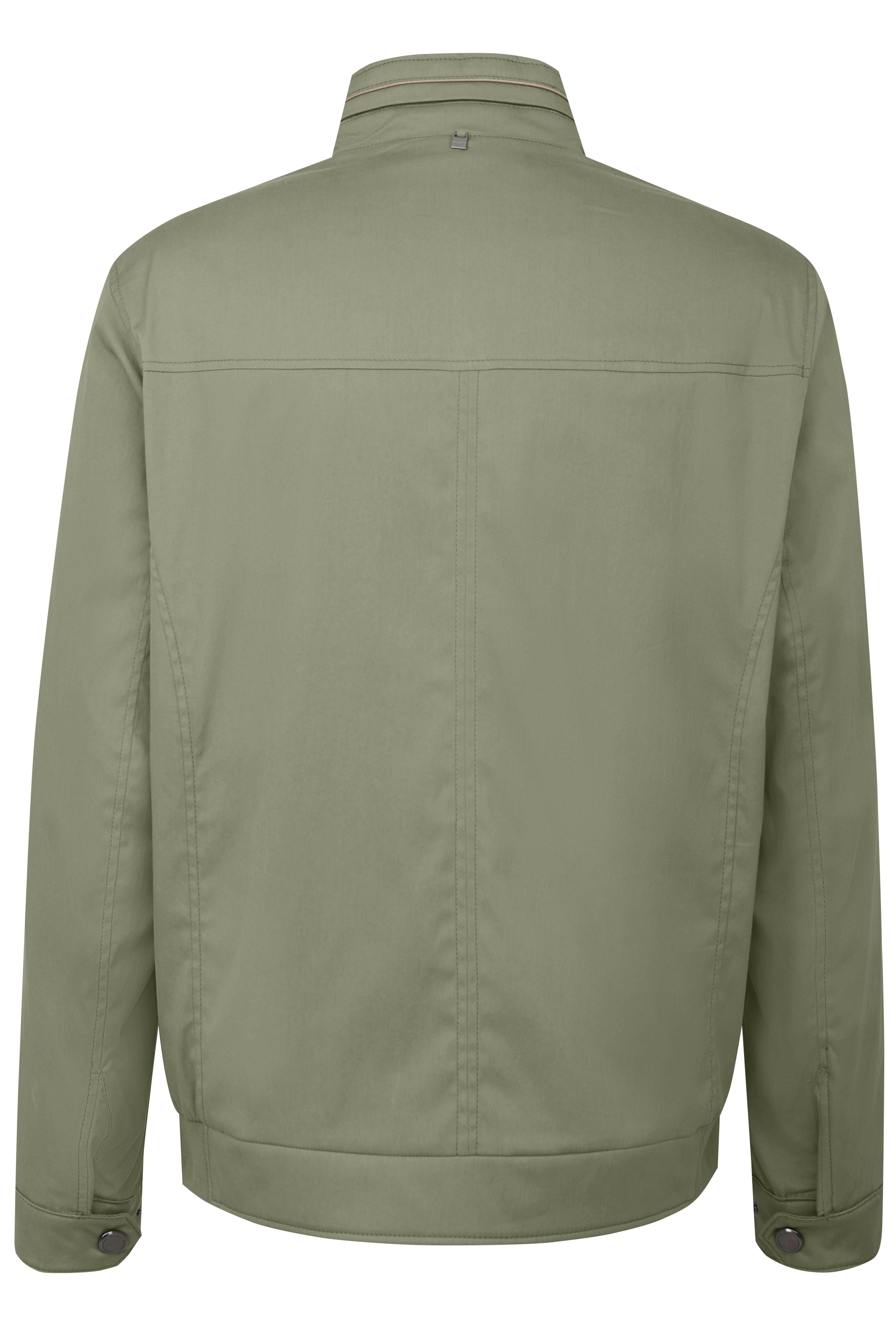 Olivefarbene bugatti Jacke, Rückansicht, legeres Design, hochwertige Verarbeitung.