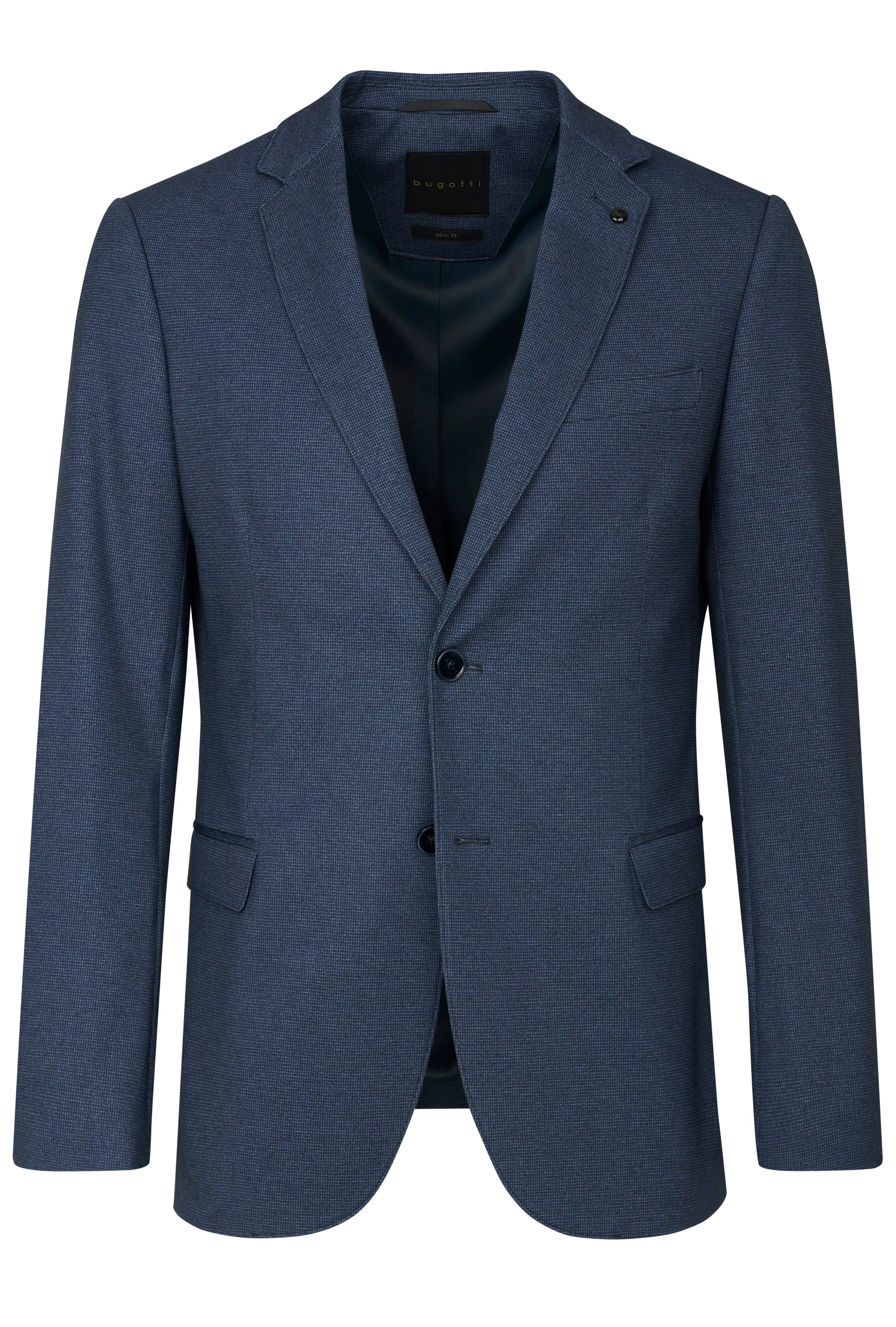 Blauwe bugatti blazer, fijn gestructureerd, buste-afbeelding, klassiek ontwerp, tijdloze elegantie en stijl.