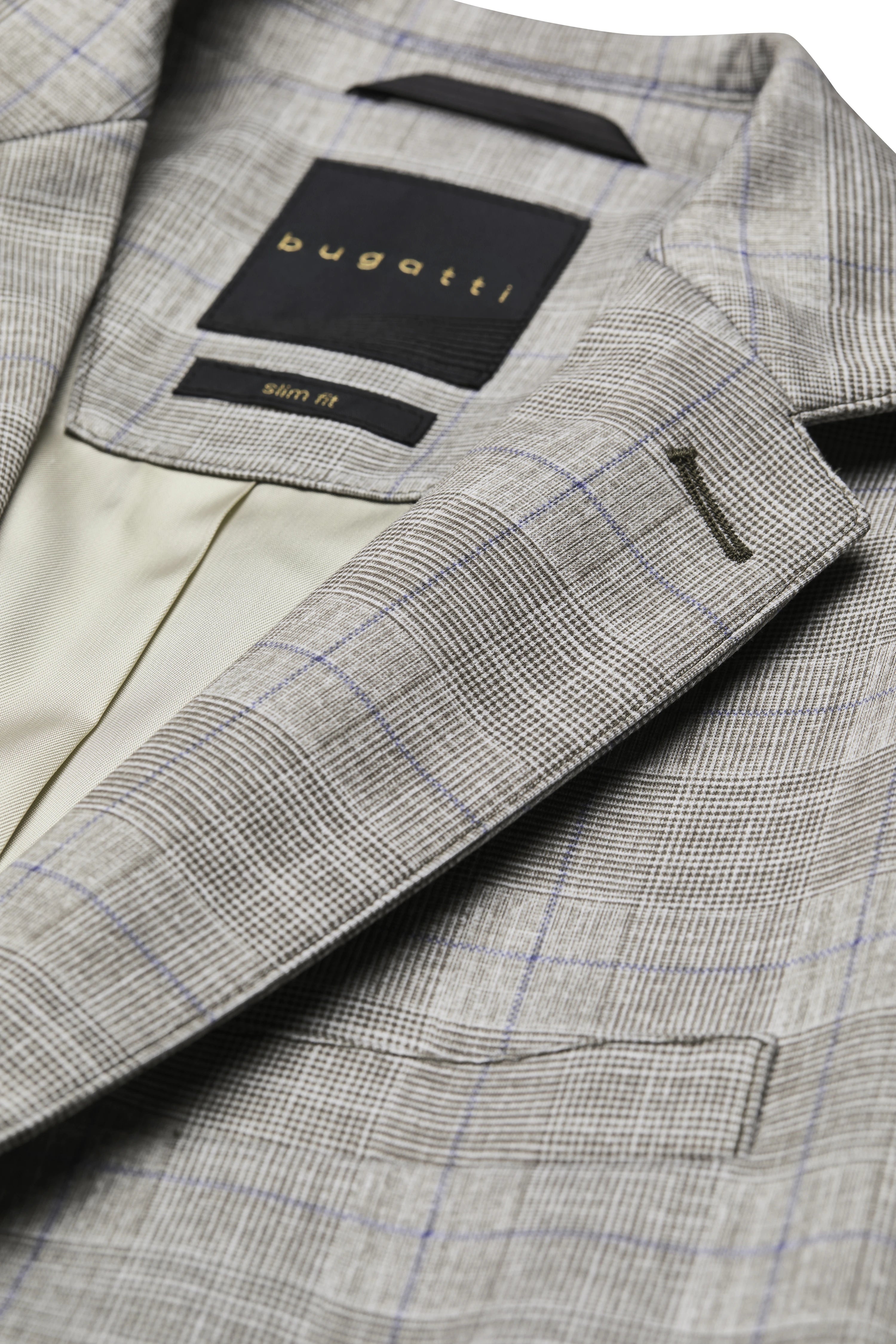 Graues Glencheck-Sakko von bugatti, Slim Fit, Fokus auf Detail und Textur, Büste.