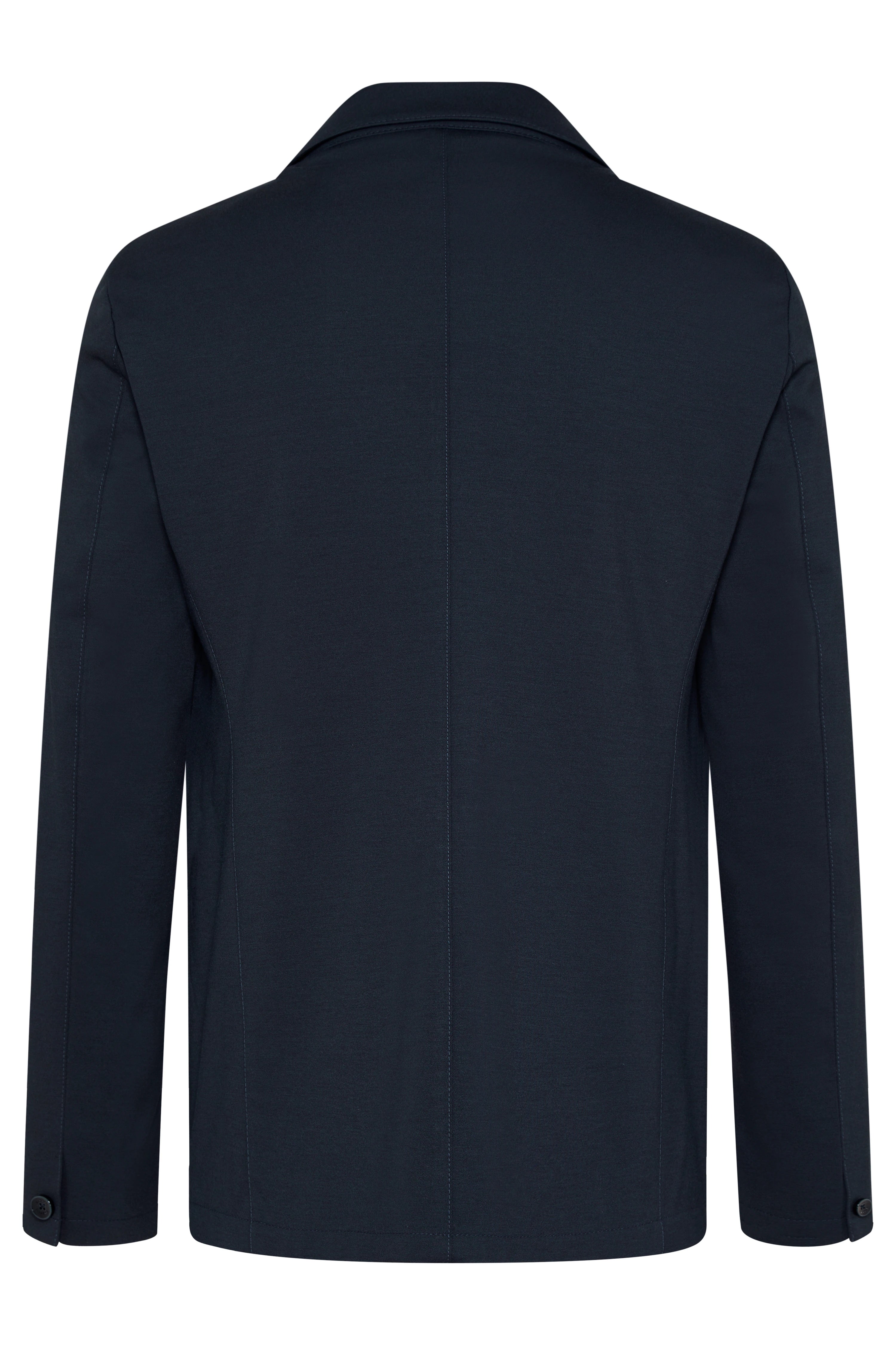 Donkerblauwe bugatti jas, klassiek design, busteweergave.