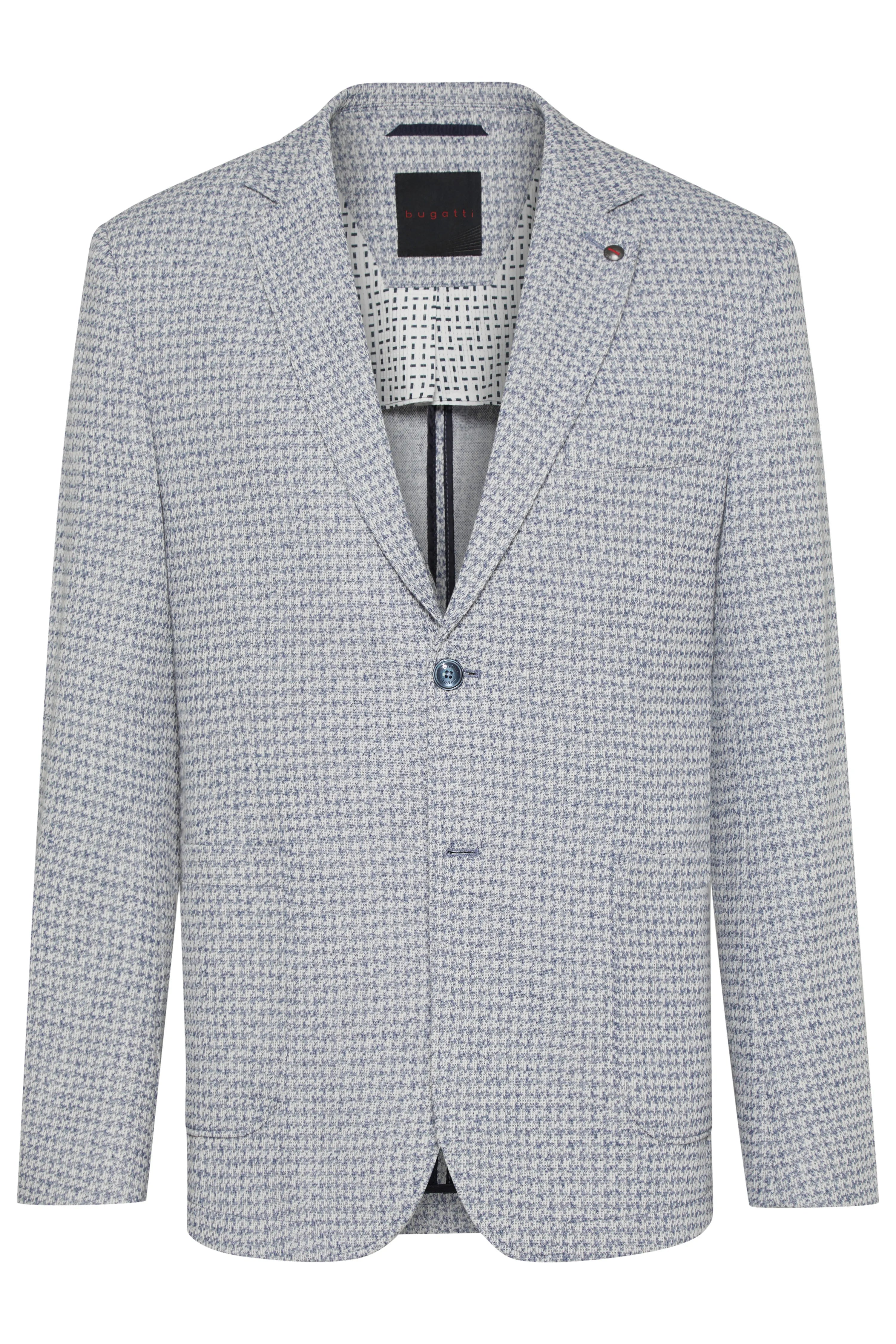 Model in gray houndstooth bugatti blazer, back view, casually paired with blue pants.
