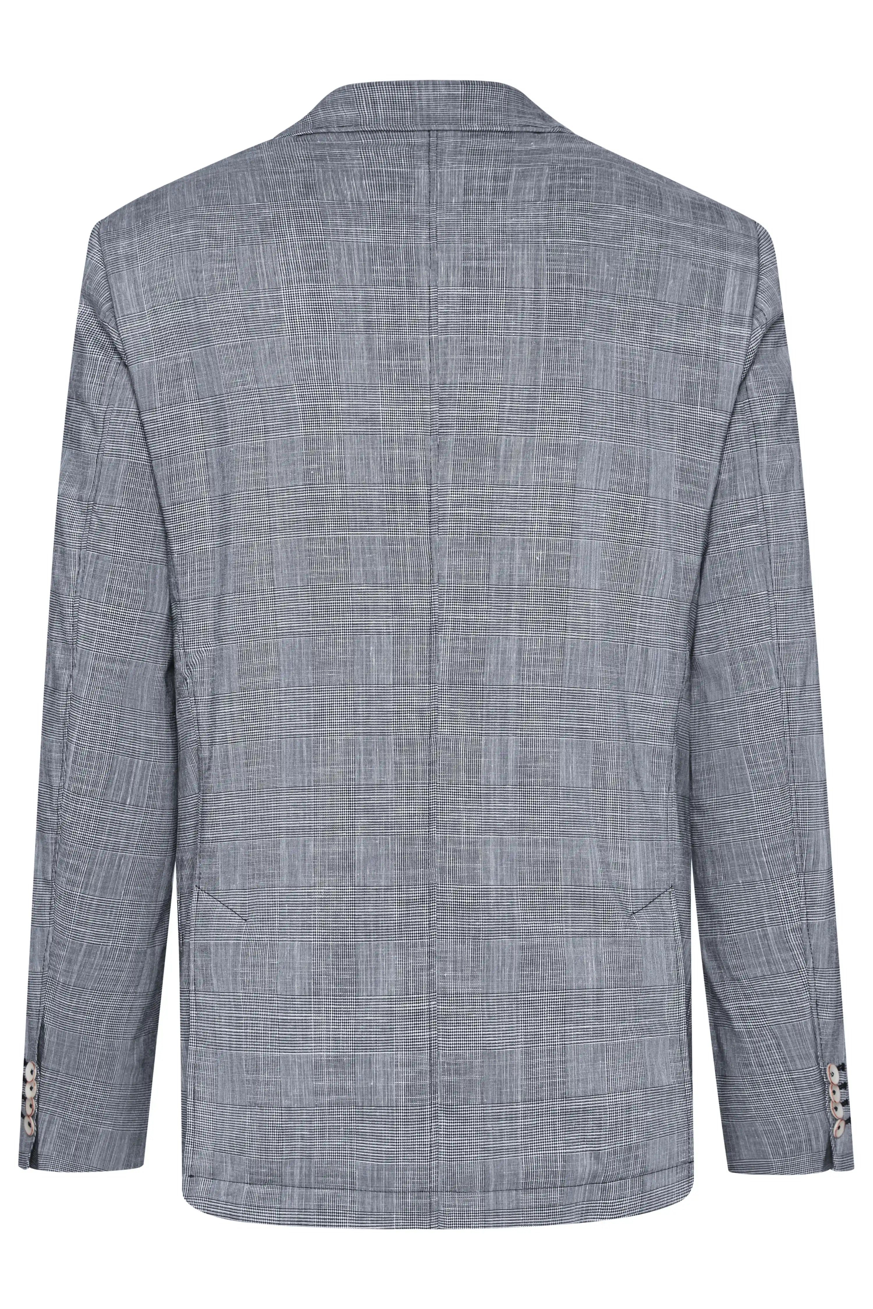 Gray bugatti blazer with fine check pattern, bust view. Elegant style for timeless sophistication.