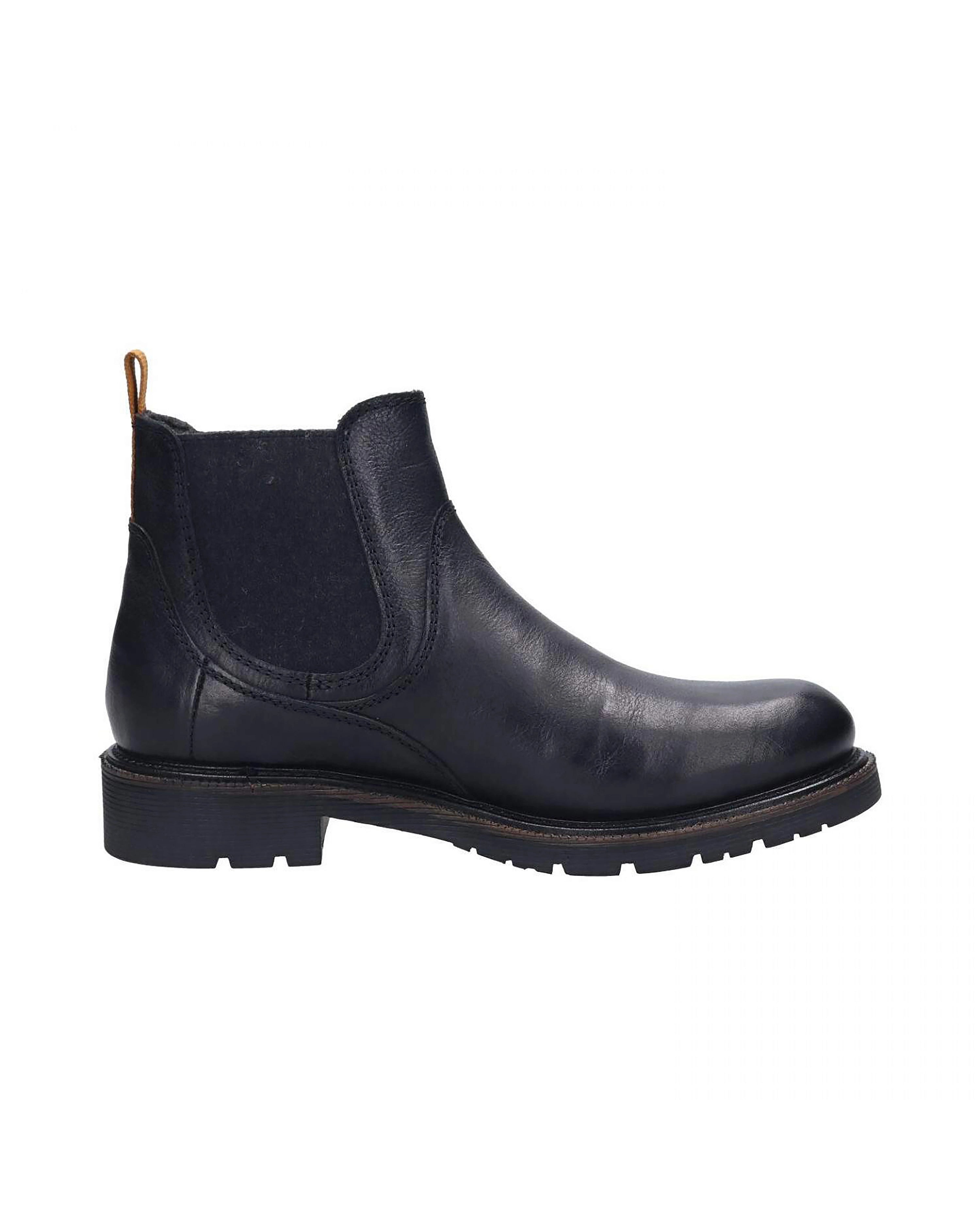 Dunkelblaue bugatti Chelsea Boots aus Leder, Seitenansicht, ohne Modell.