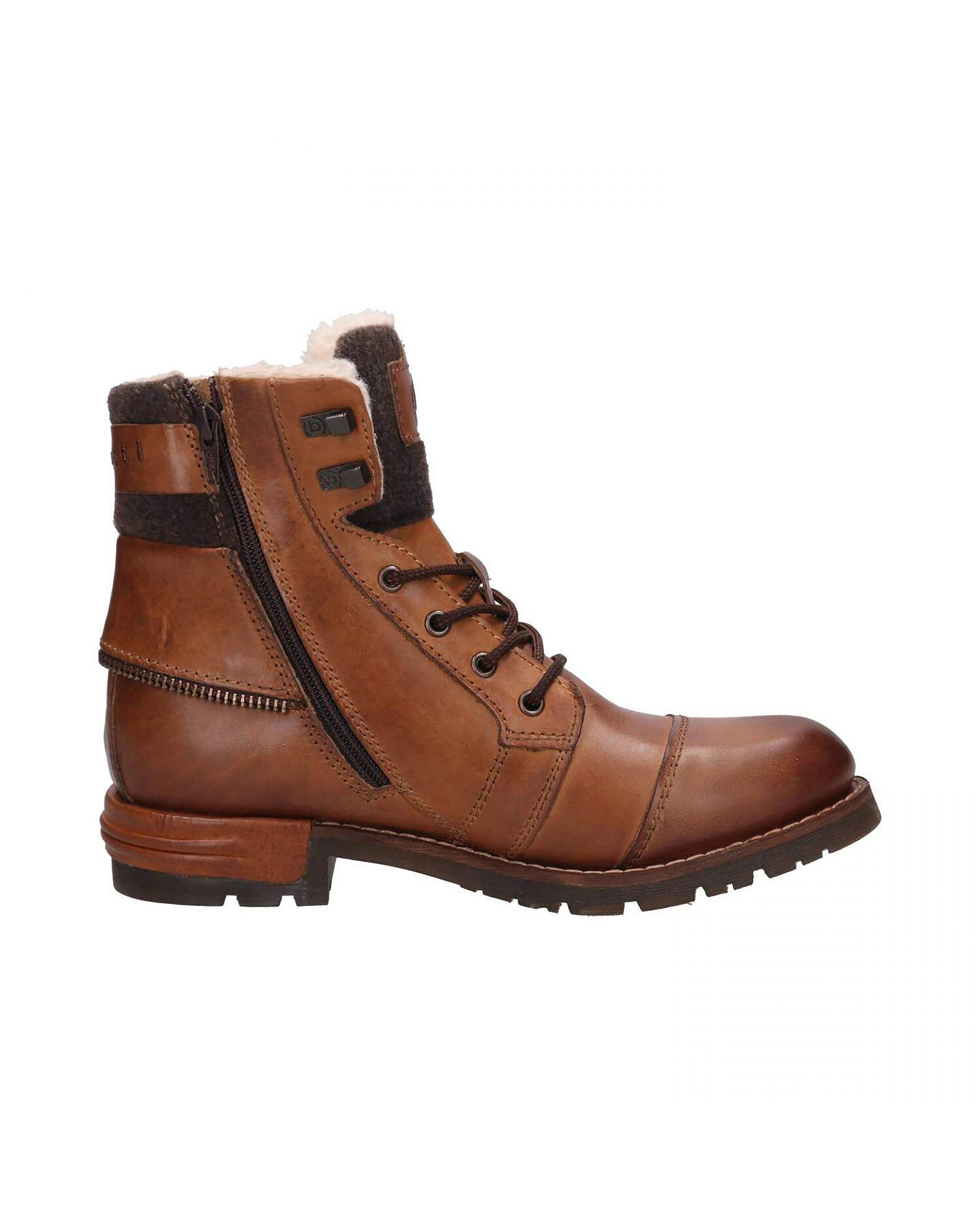 bugatti men's boots, brown leather, zipper & laces, warm lining. Side view.
