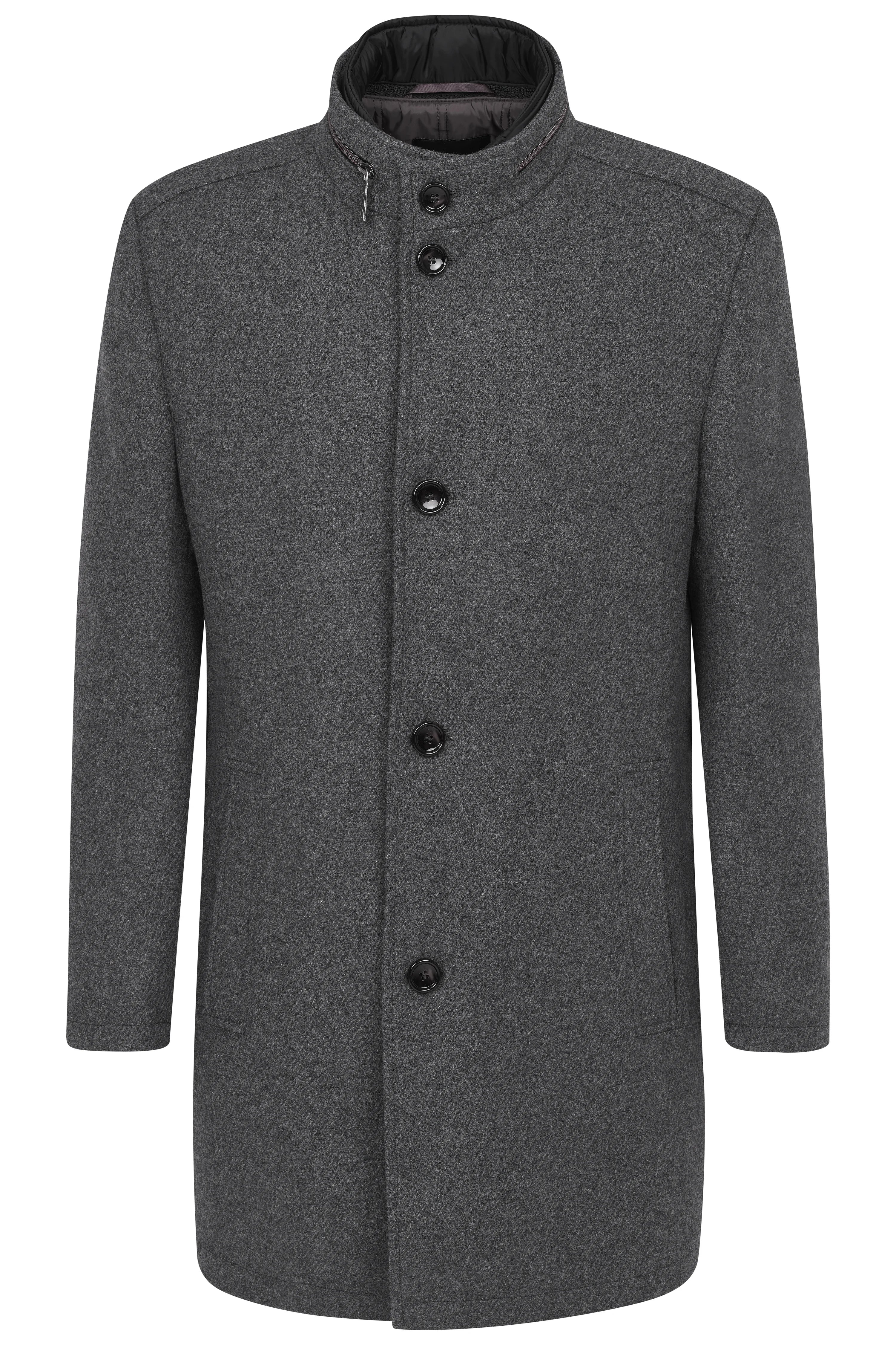 Gray bugatti coat with stand-up collar, bust view, classic button placket, timeless elegant design.