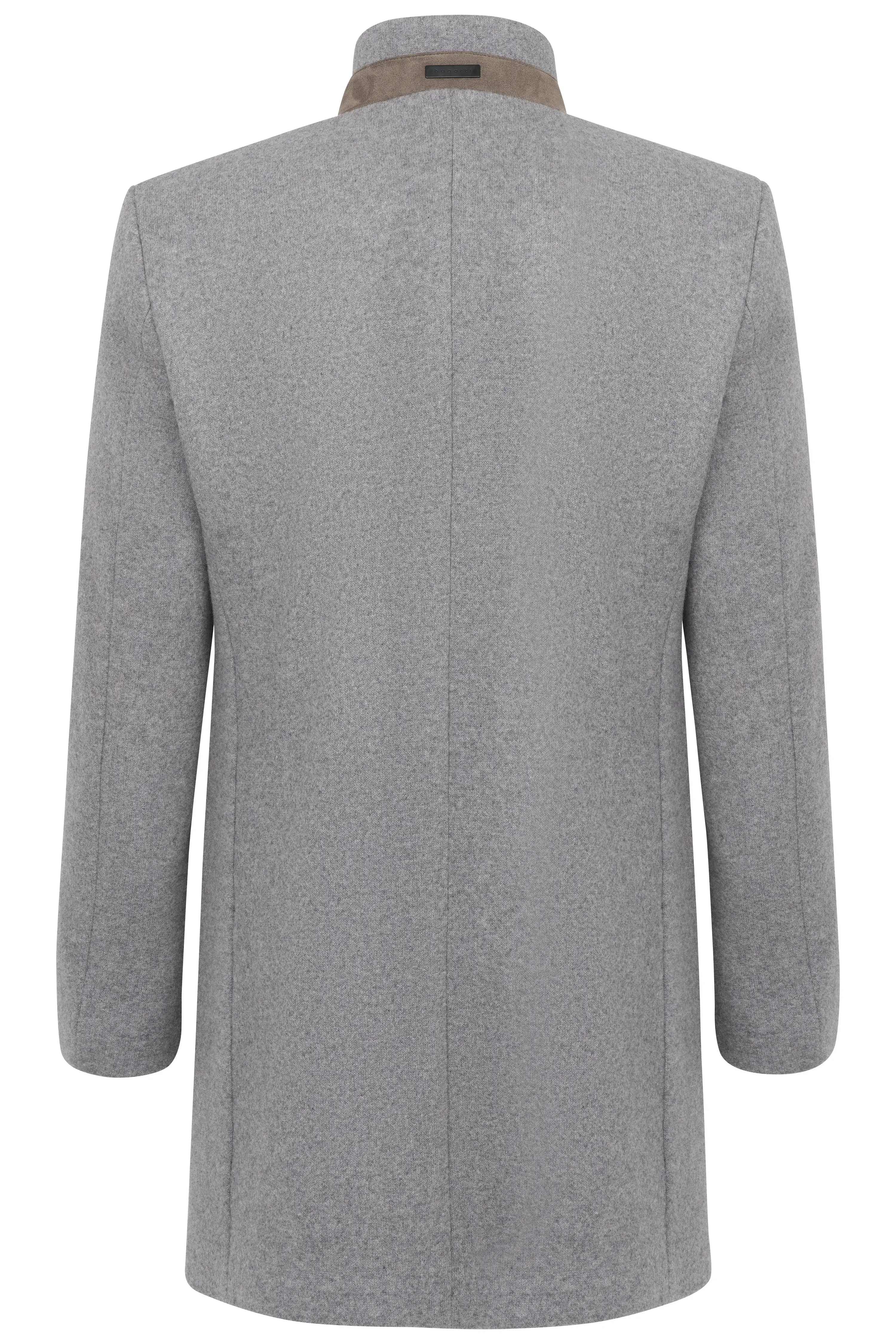 Gray bugatti coat, back view, bust image, elegant design with velour stand-up collar.