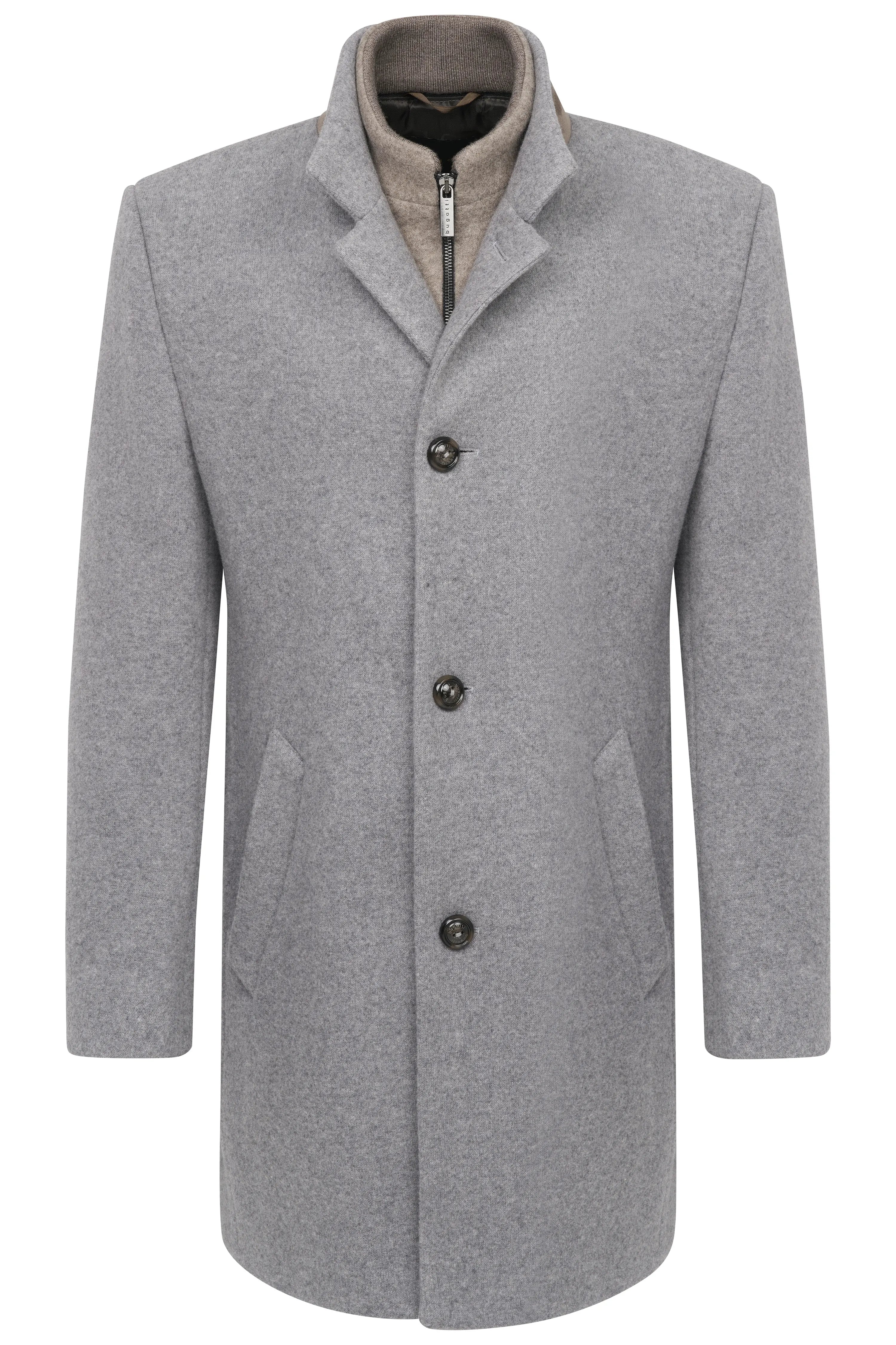 Gray bugatti coat, classic cut, bust shot, elegant design with buttons.