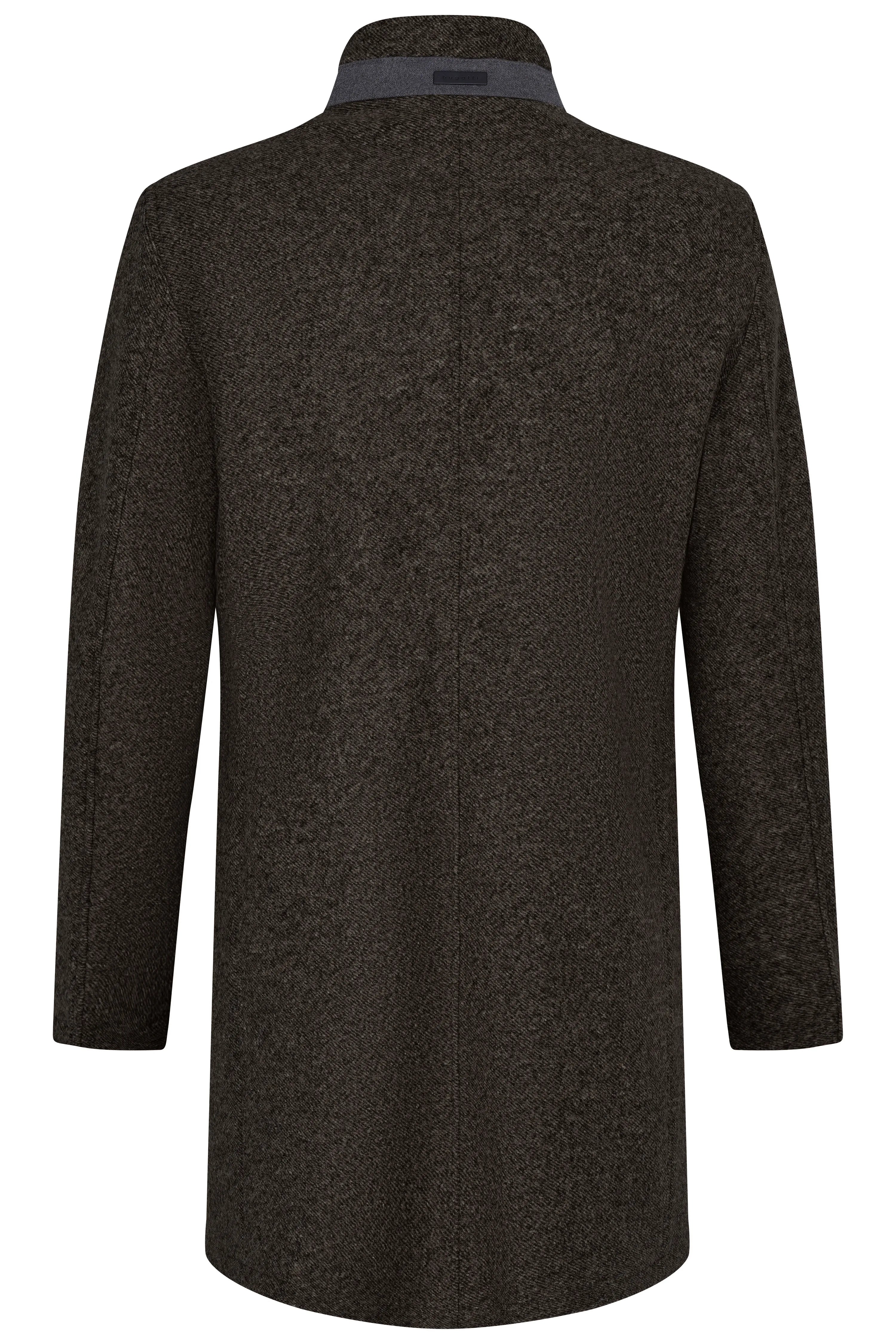 Brown bugatti coat, back view, textured design, casual image.
