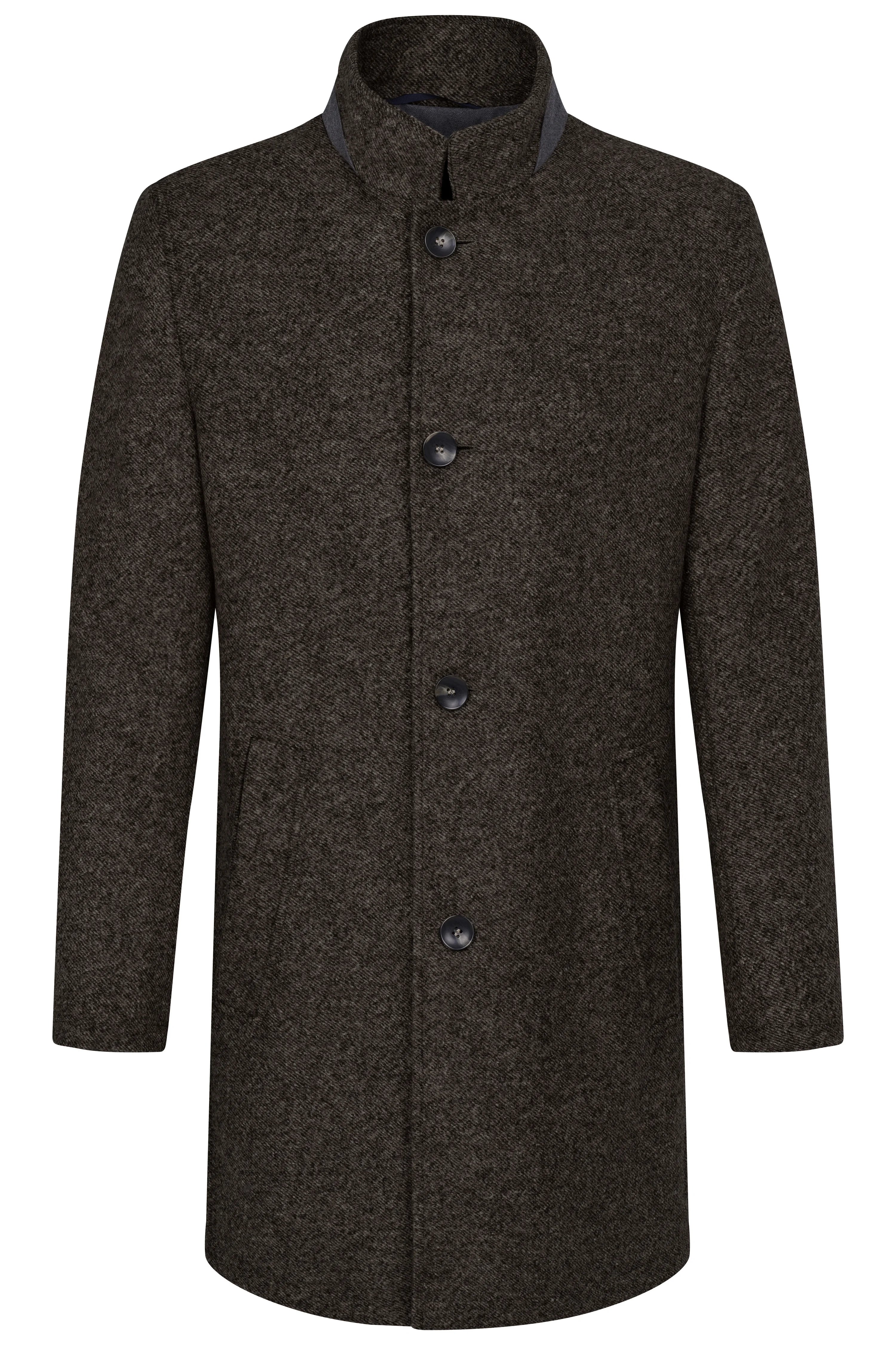 Dark grey bugatti coat with stand-up collar, bust view, elegant design.