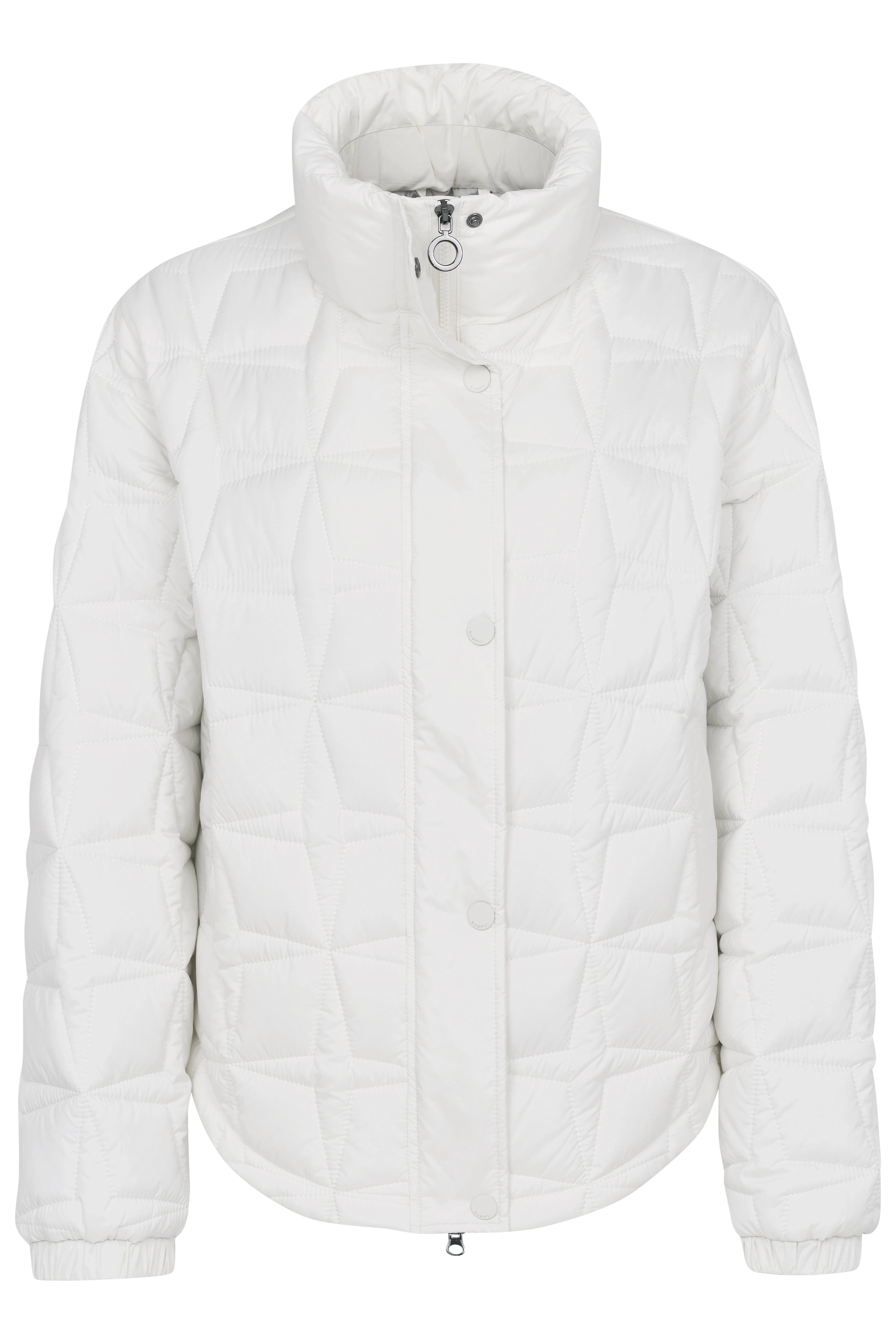 White bugatti quilted jacket, bust view, geometric pattern, timeless style.