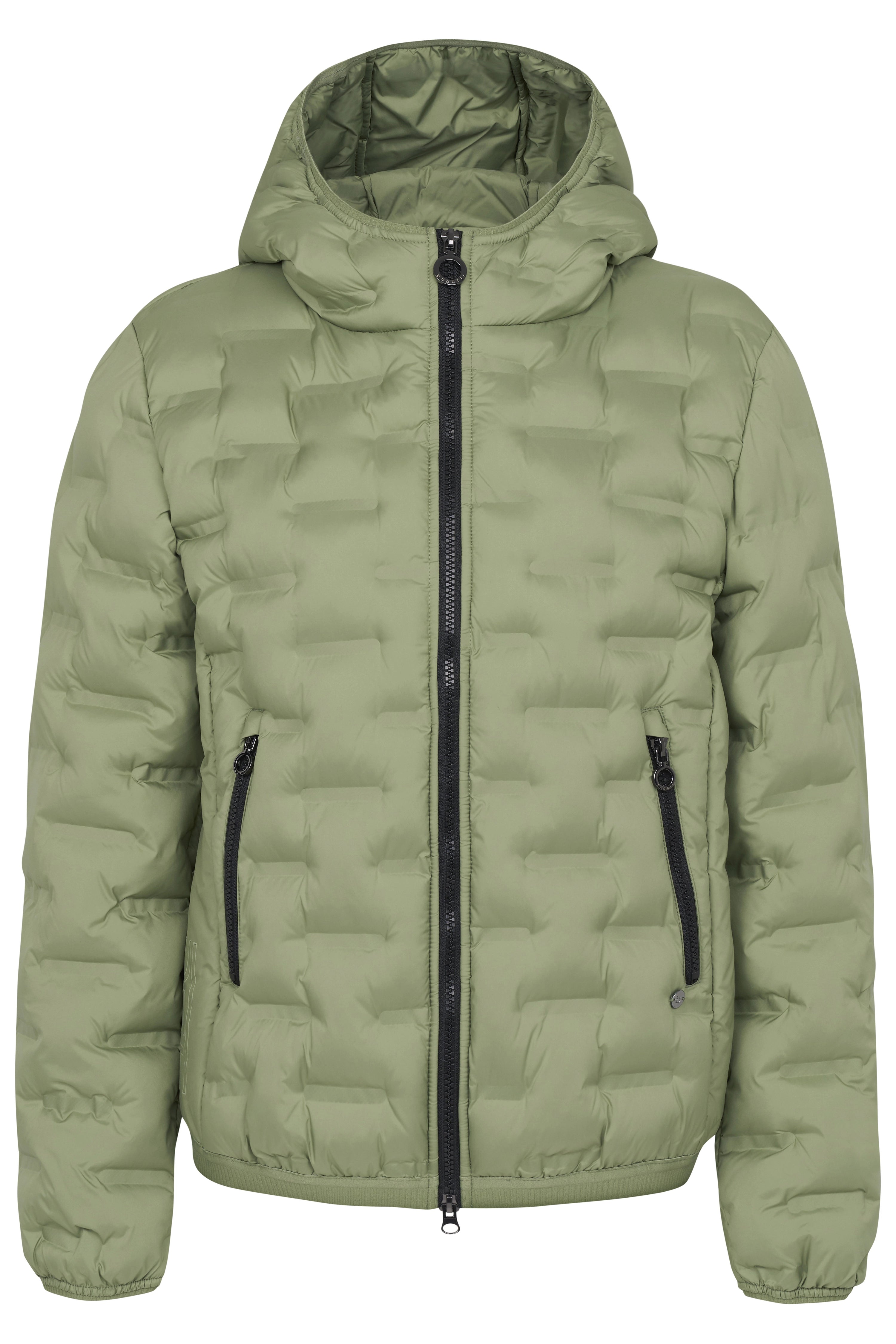 Green quilted jacket with hood, front zipper