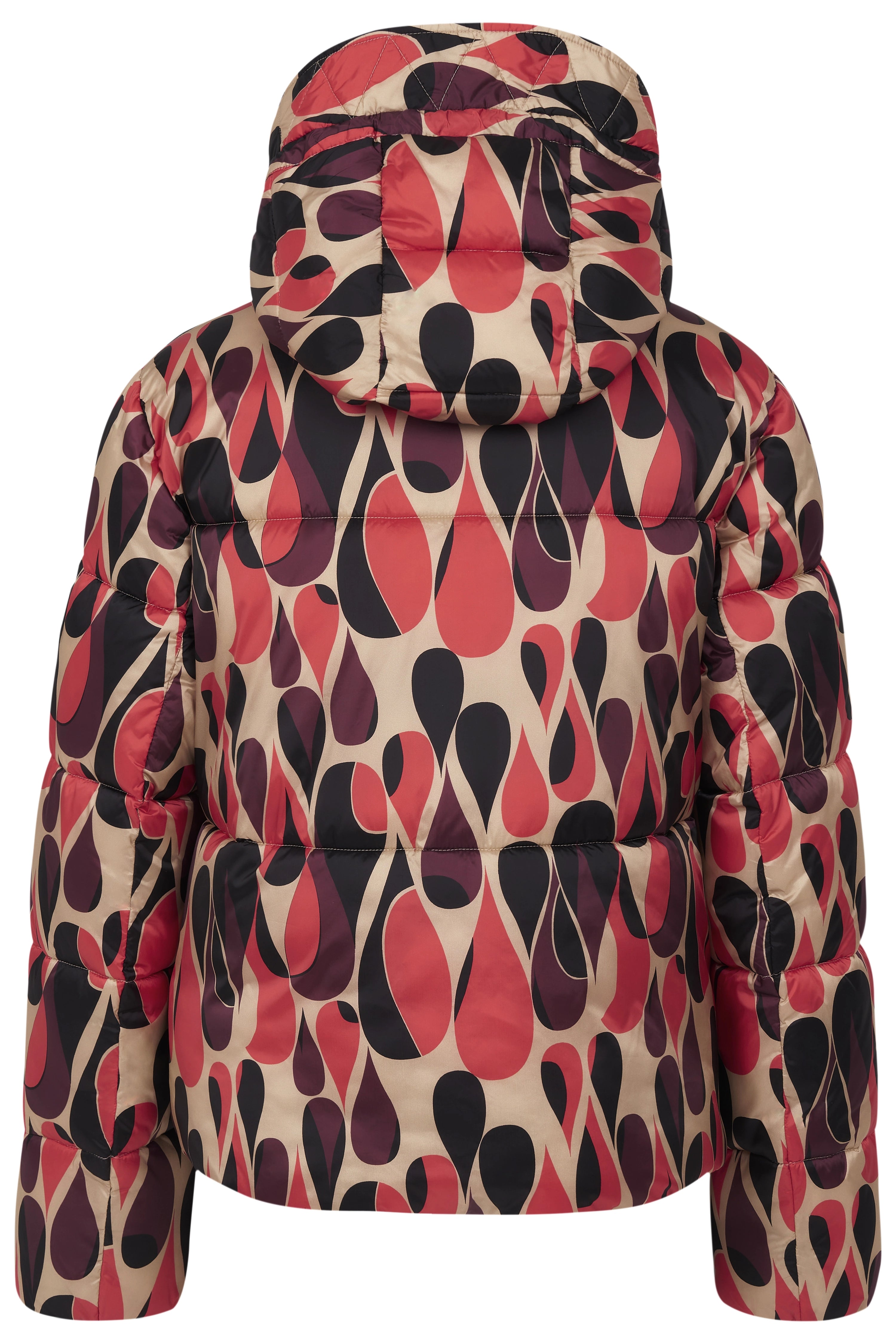 Pufferjacke mit rotem und schwarzem Muster, Rückansicht, legeres Design von bugatti.