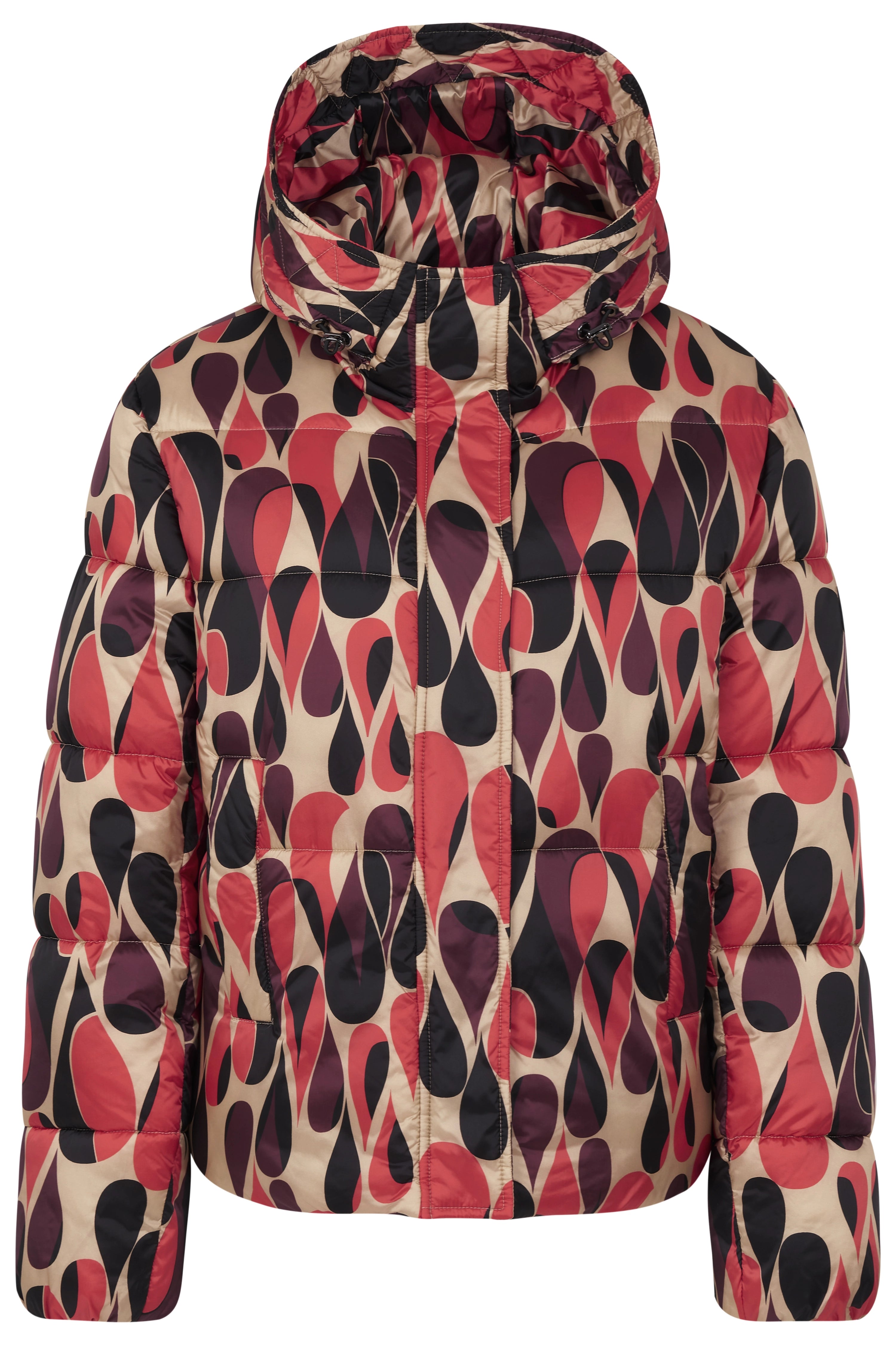 Pufferjacke mit buntem Tropfenmuster in Rot und Beige, Büstenbild.