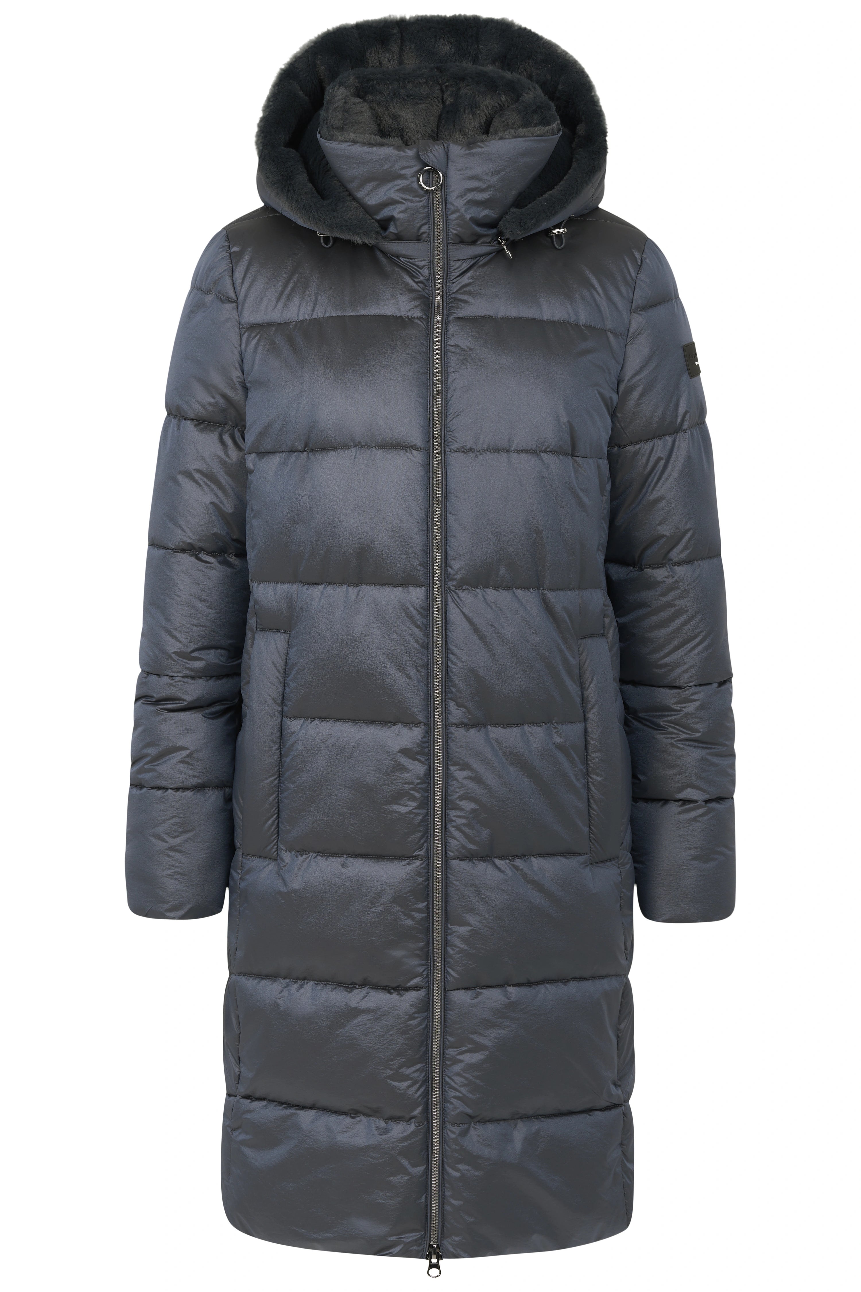 Langer, dunkelgrauer bugatti Daunenmantel mit Kapuze, büstenbild, stilvoll und zeitlos elegant.