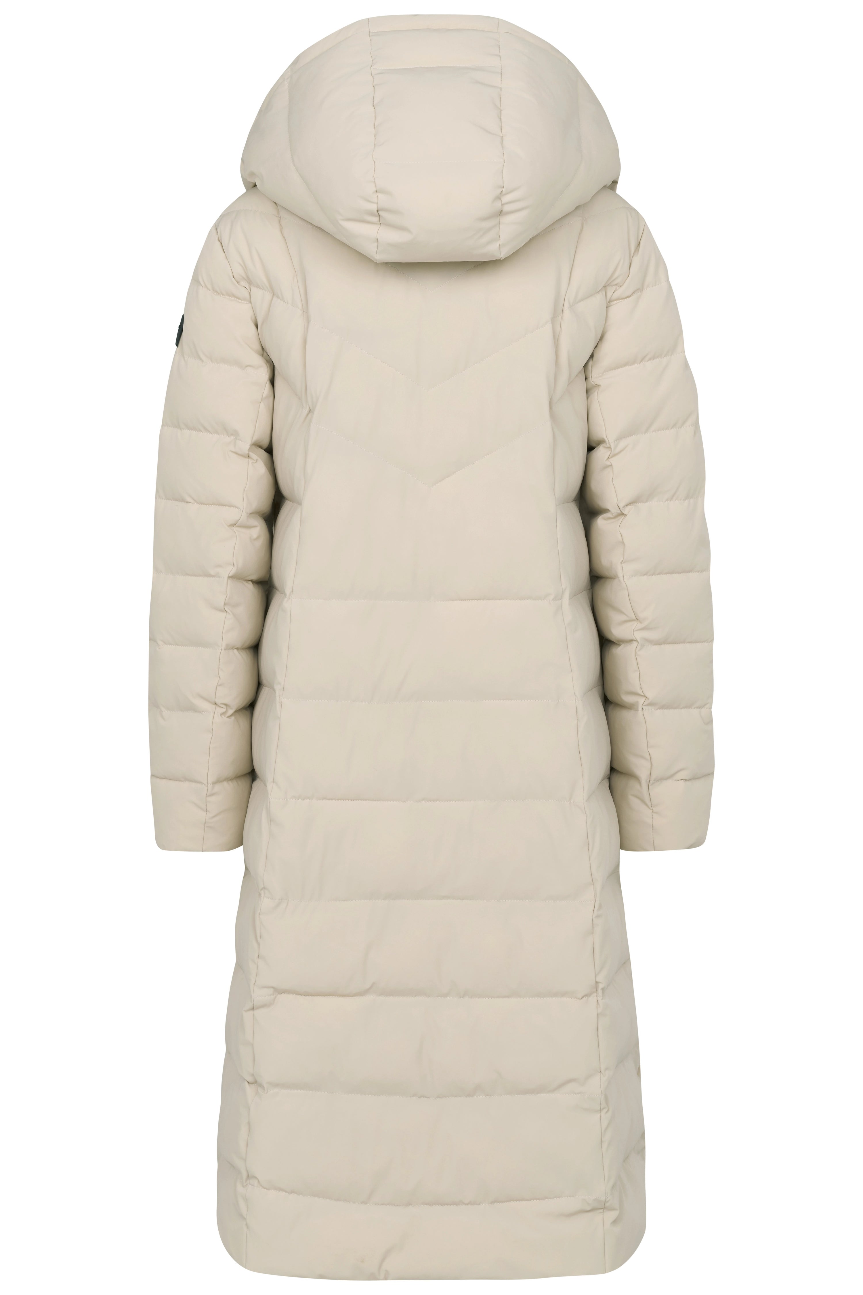 Beige bugatti Daunenmantel mit Kapuze, Rückansicht, Büstenbild, stilvoll und elegant.