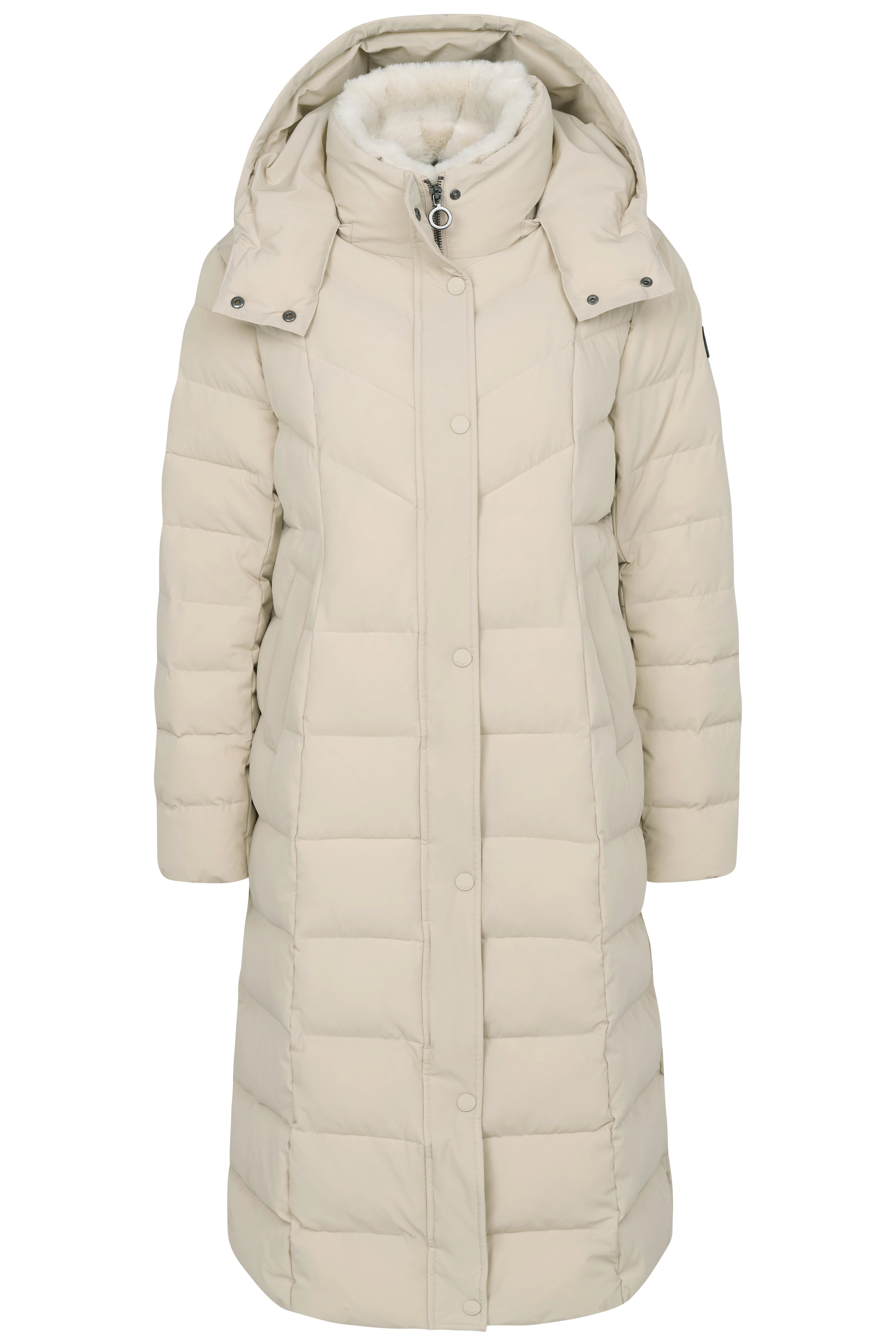 Langer, cremefarbener Steppmantel von bugatti mit Kapuze, Büstenbild.