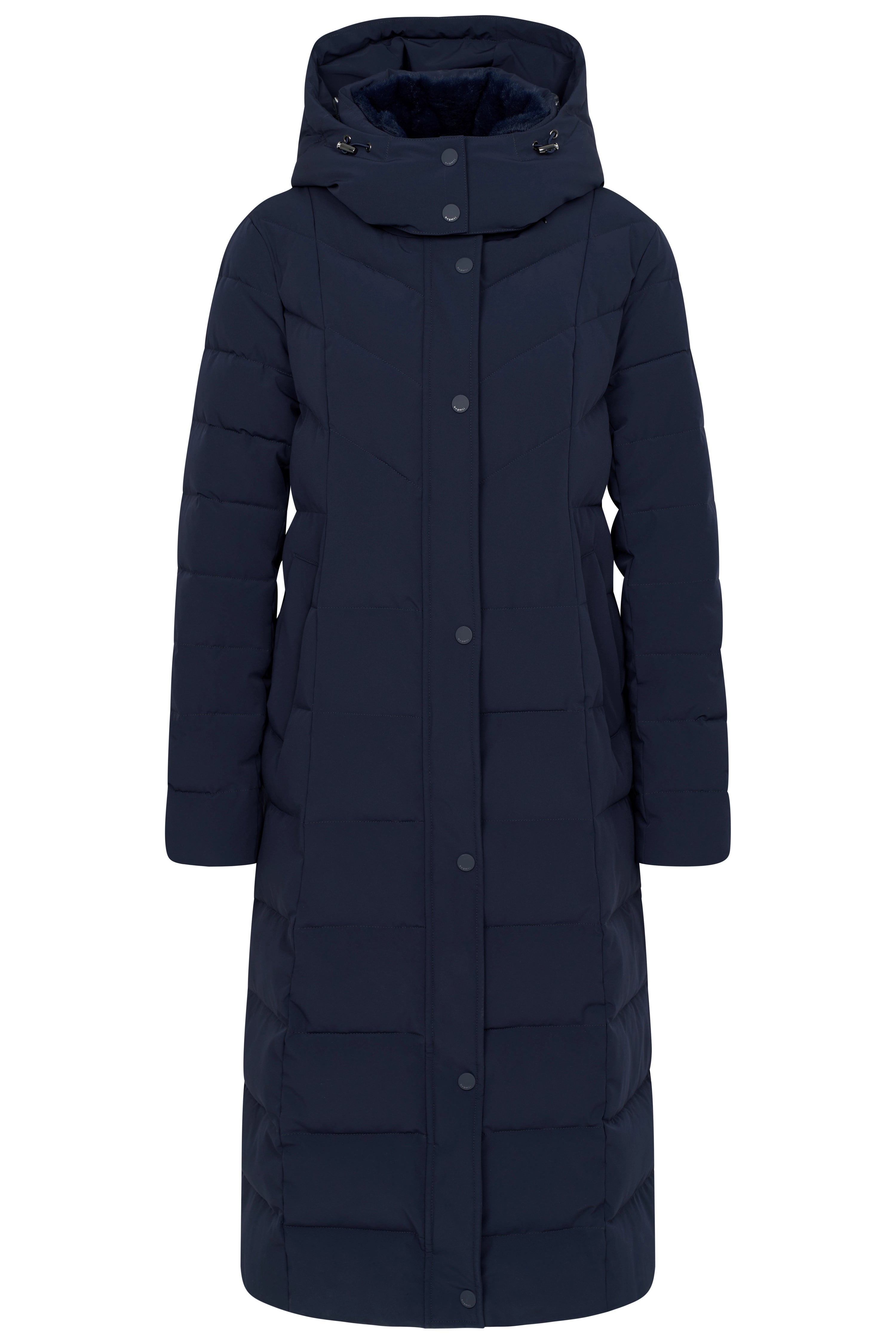 Lange donkerblauwe bugatti donsjas met capuchon, buste-afbeelding, elegante stijl.