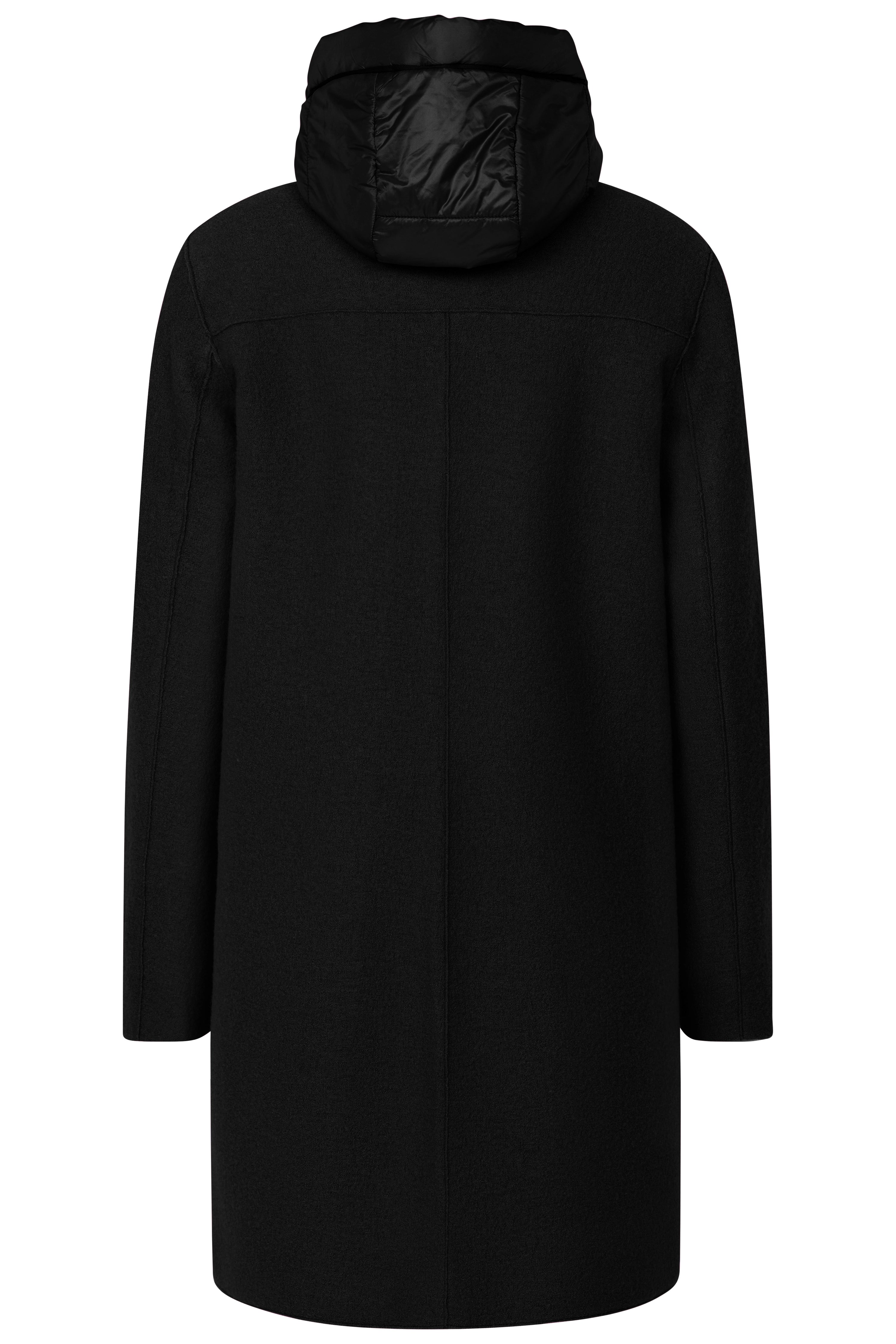 Black bugatti coat with hood, back view, casual style.