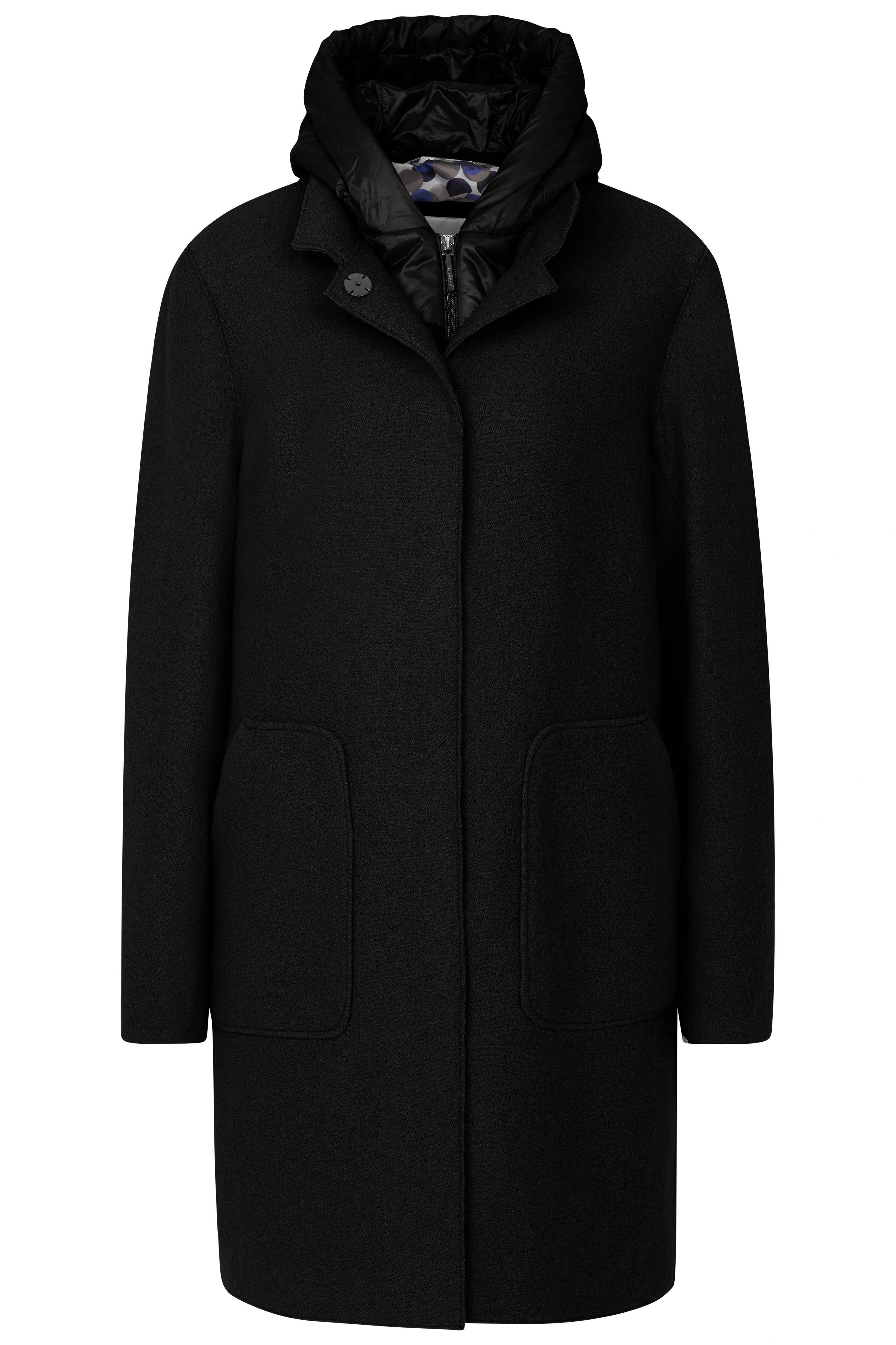 Black bugatti coat with hood, bust view, timeless design and elegant appeal.