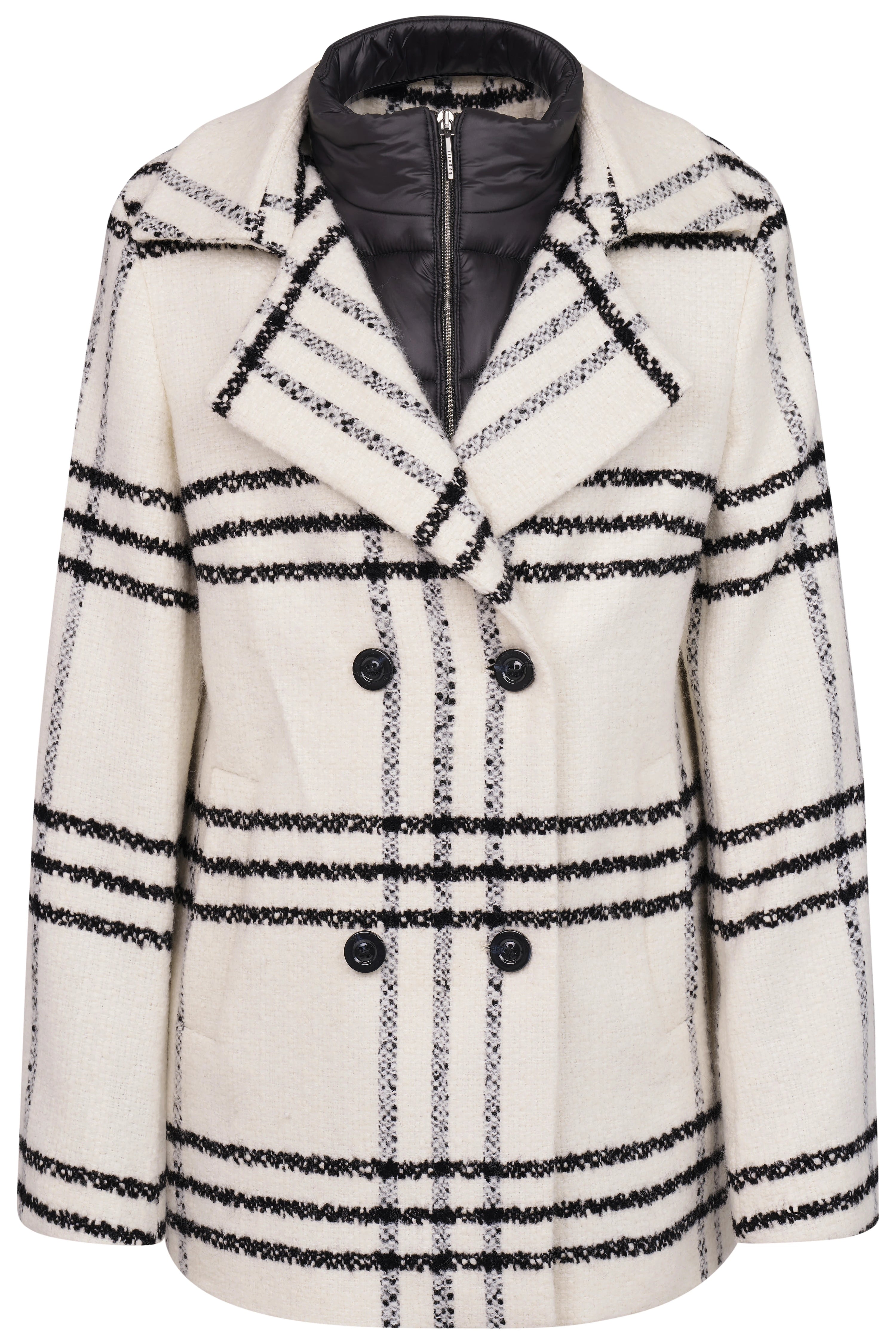 Weißer bugatti Mantel mit schwarzen Karos, Büstenbild, stilvoll und elegant für zeitlosen Chic.