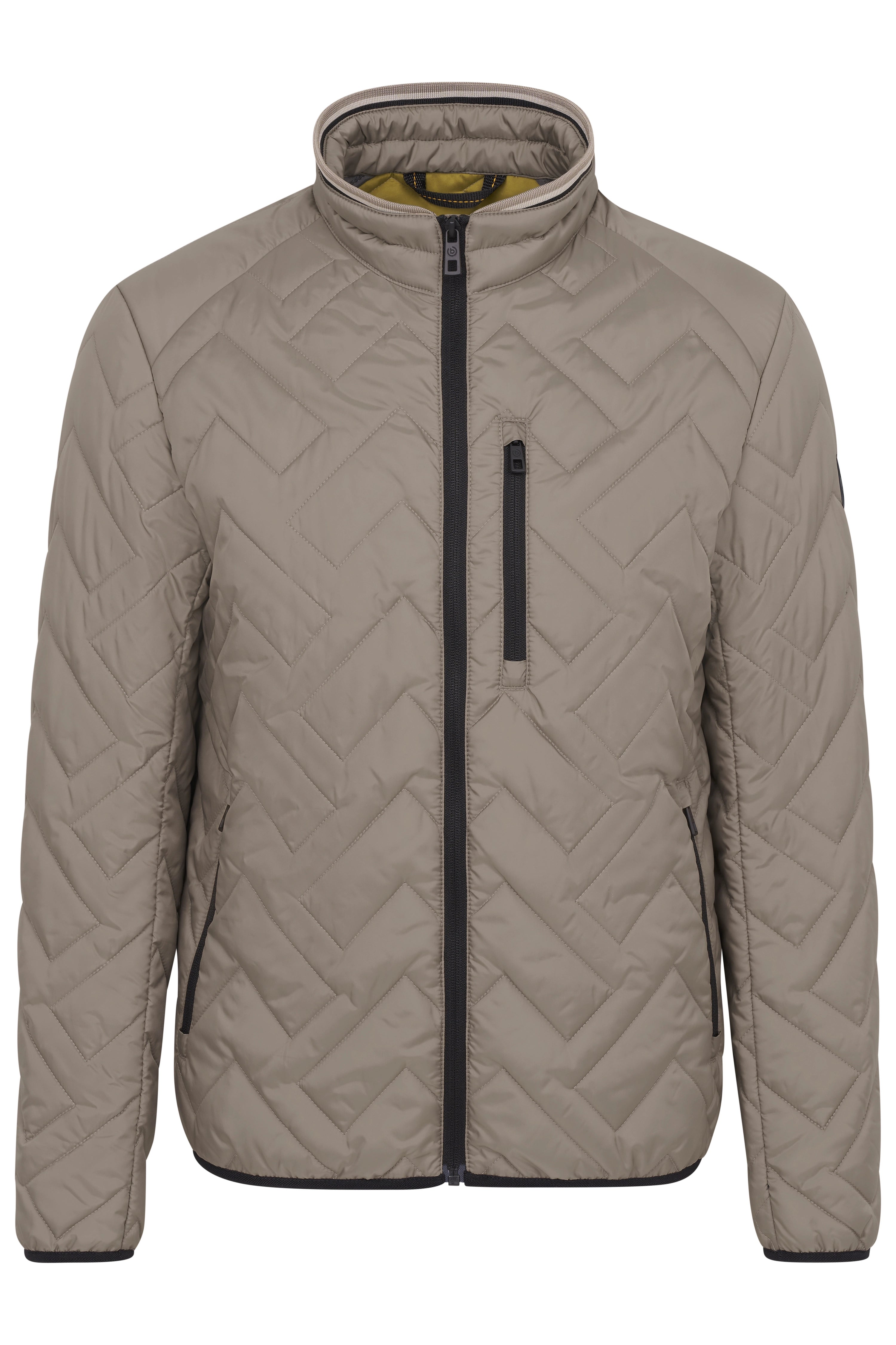 Steppjacke in Taupe mit Stehkragen und Reißverschluss, Büstenbild, minimalistisches Design.