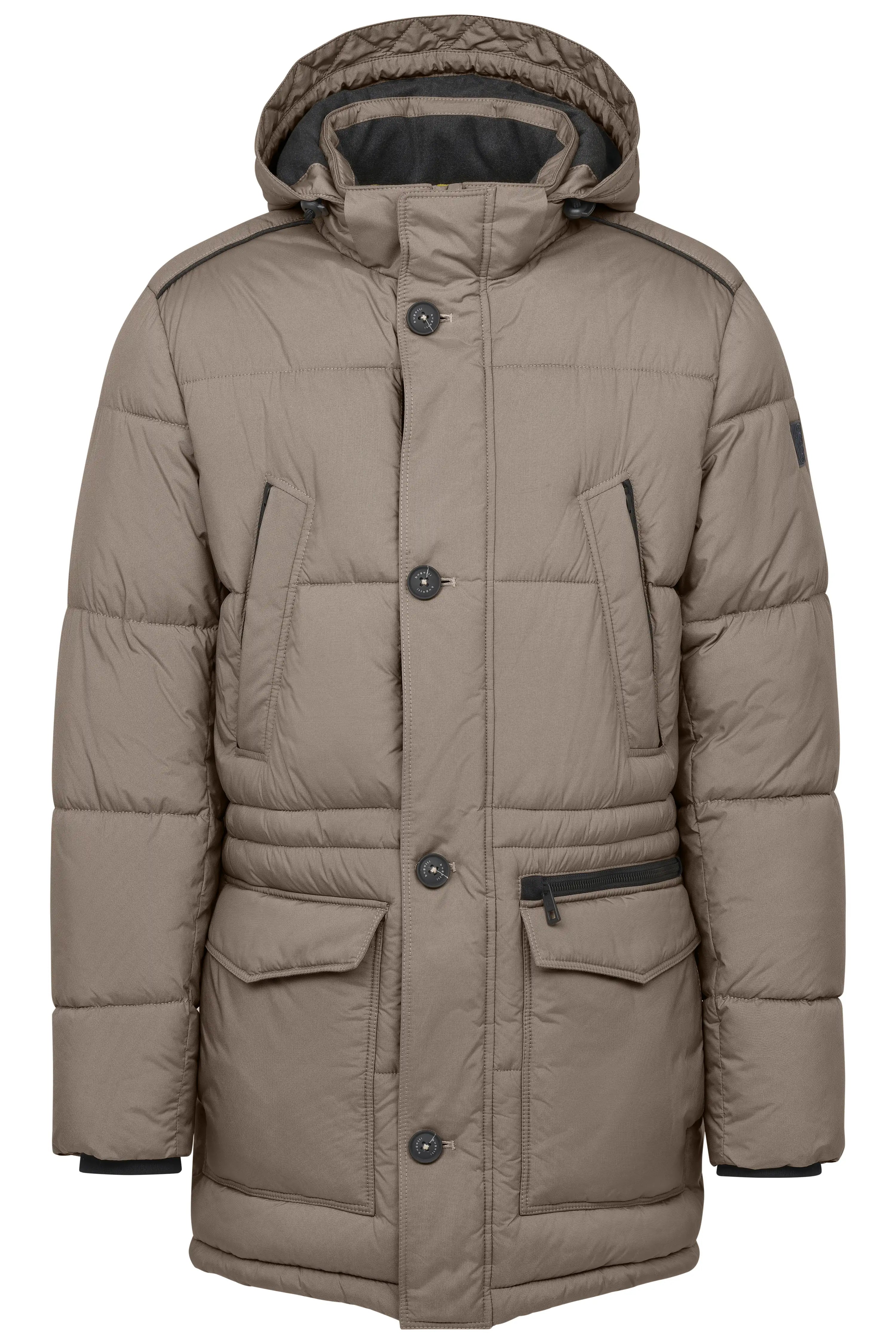 Pufferjacke in Beige mit Kapuze, Büstenbild. Hochwertige Materialien von bugatti.