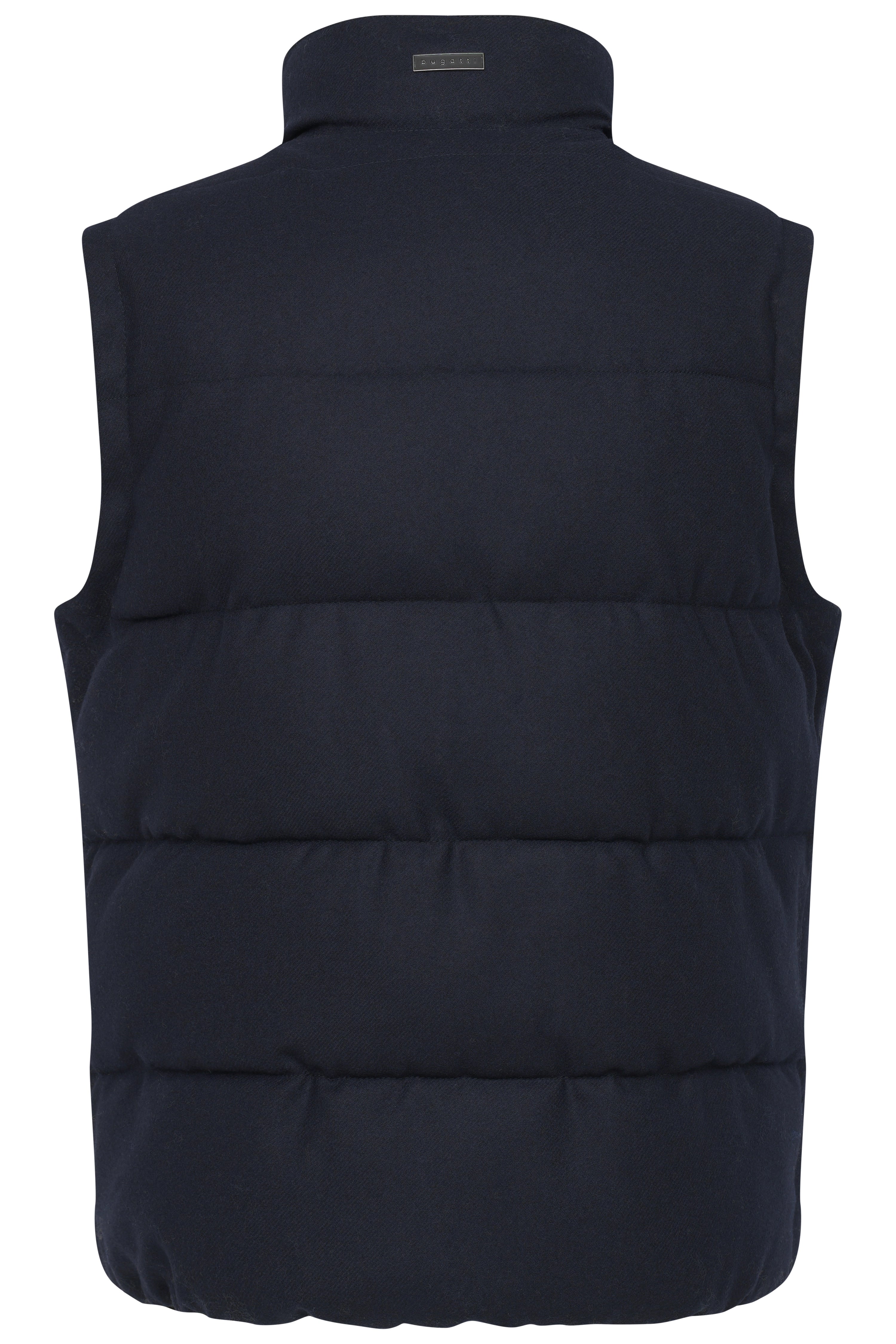 Dark blue bugatti quilted vest, back view, bust image, elegant design.