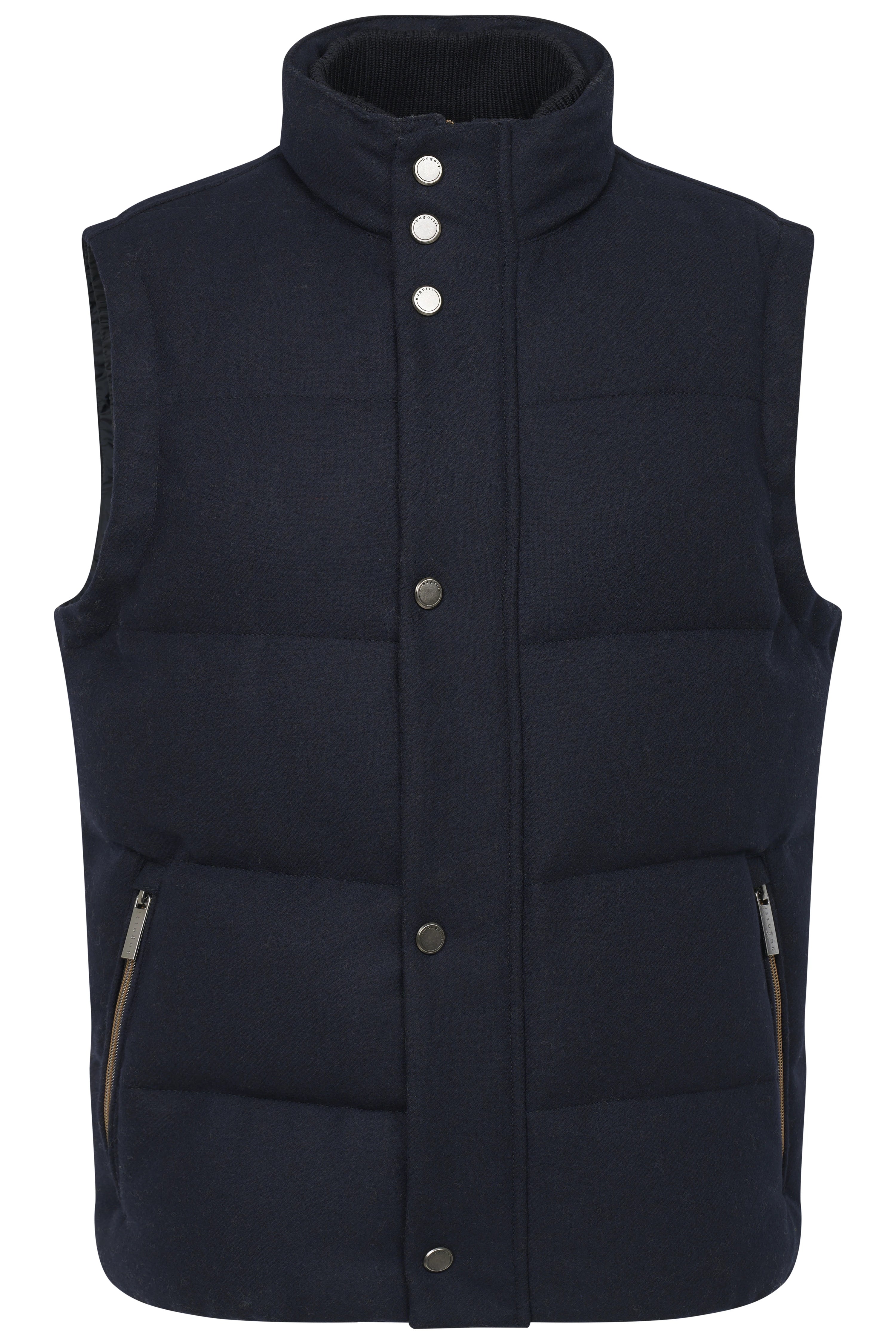 Dark blue bugatti quilted vest, sleeveless, with snap buttons, close-up, elegant casual look.