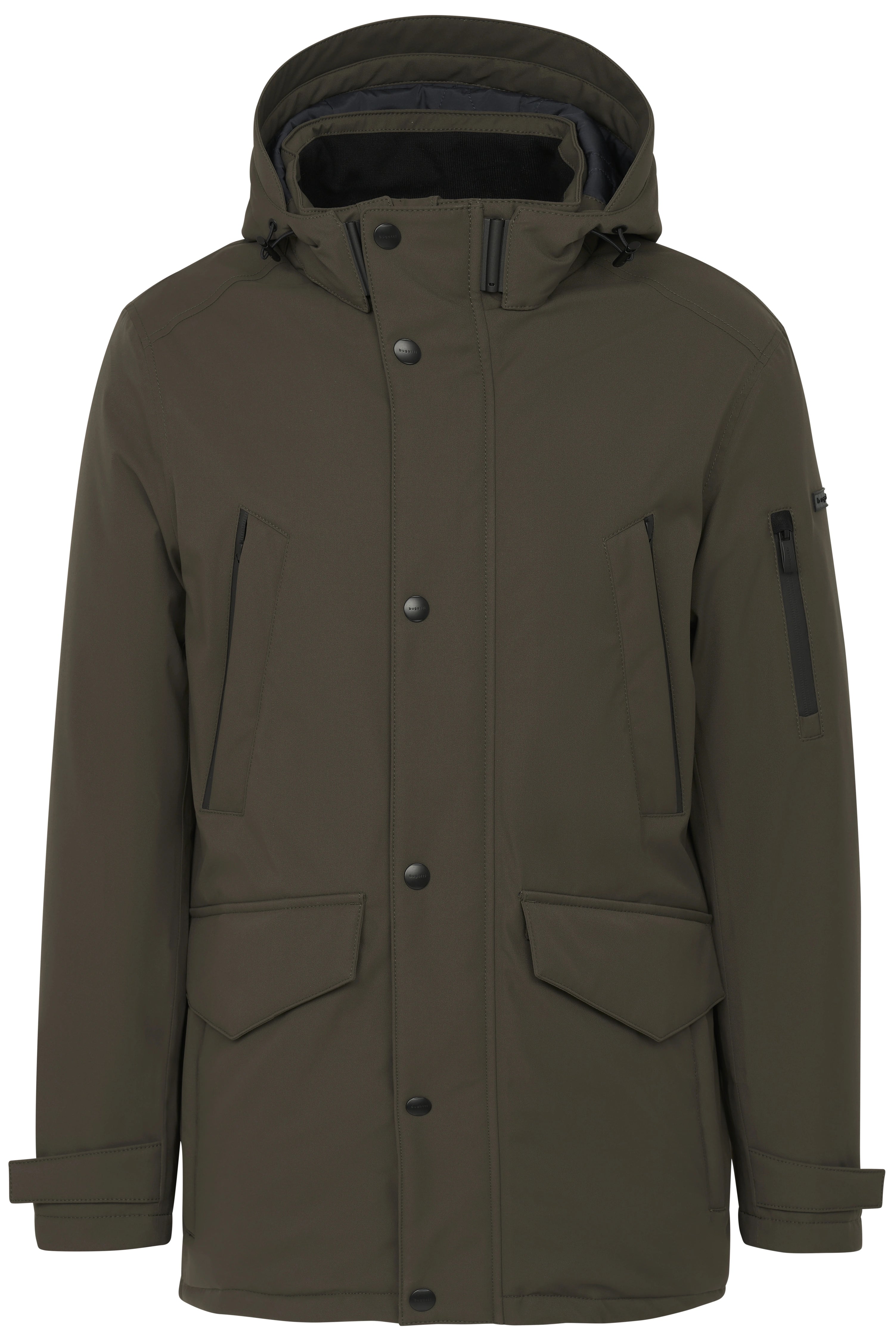 Khakifarbene bugatti Parka-Jacke, legeres Büstenbild, mit Kapuze und Druckknöpfen.