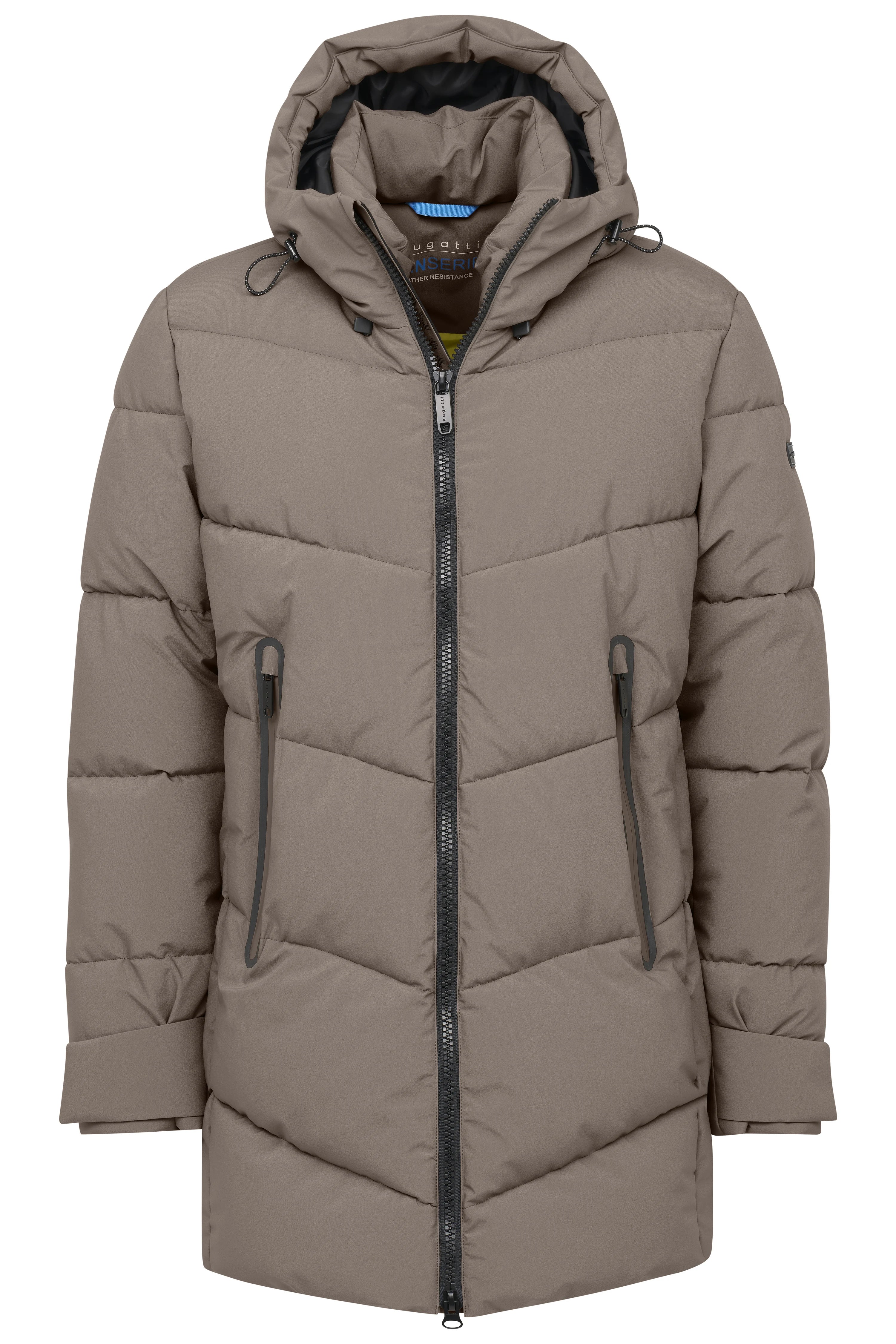 bugatti taupe quilted jacket, bust view, with hood and zipper, timeless style.