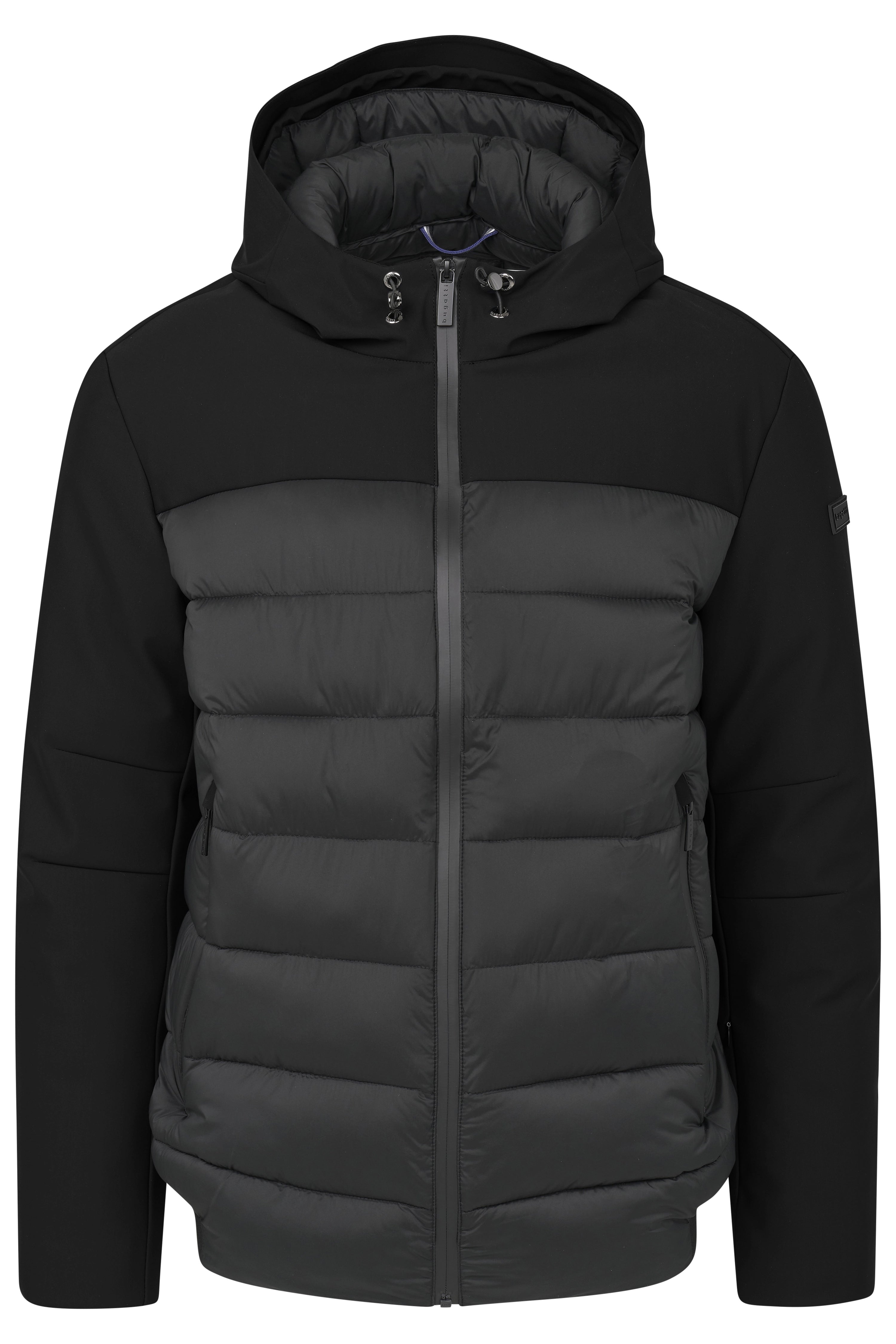 Schwarze bugatti Steppjacke, leger, mit Kapuze, Reißverschluss und Taschen, klassisch-elegantes Design.