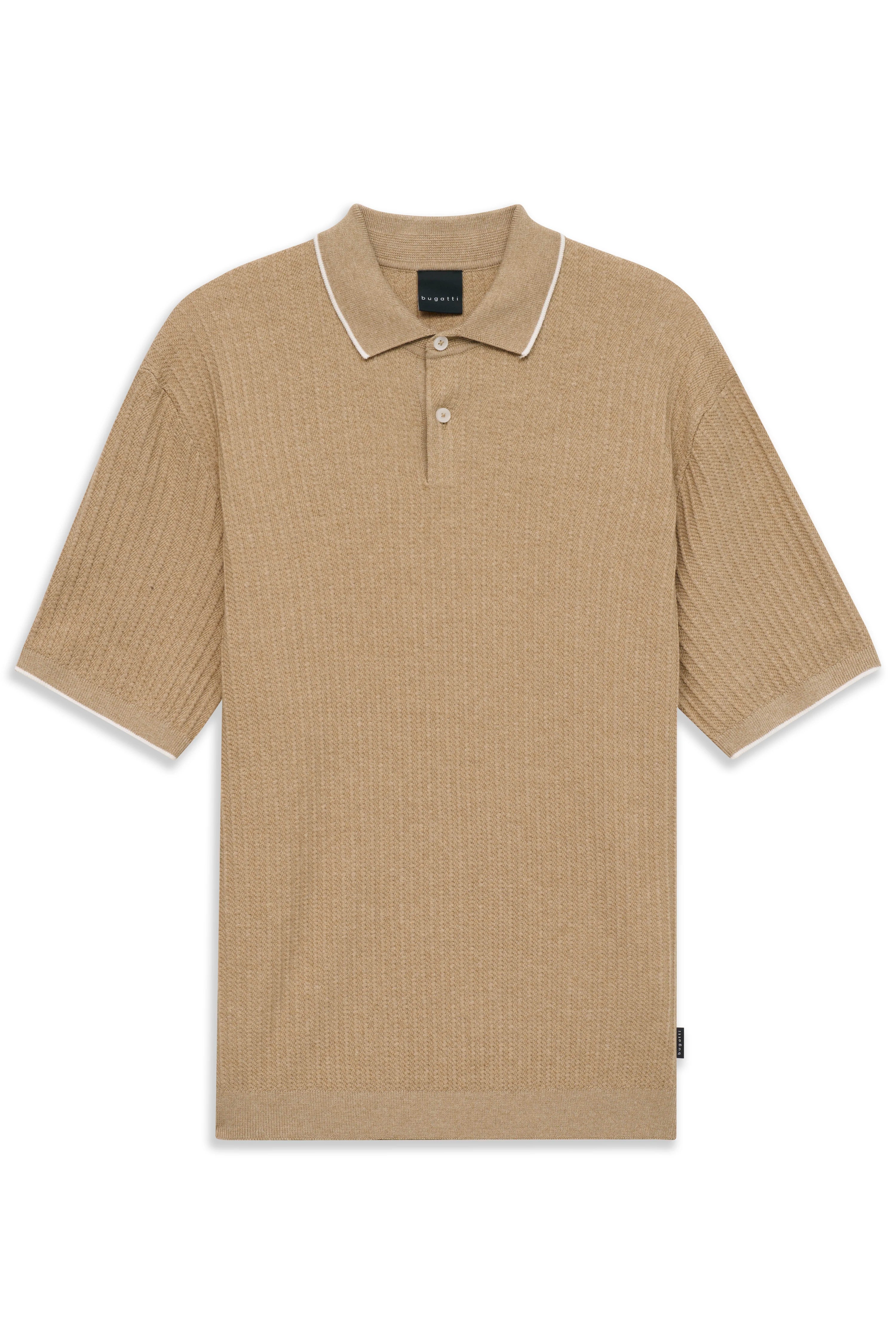 Alt-Text: Beige bugatti Polohemd mit Rippstruktur, Büstenbild, eleganter Stil.