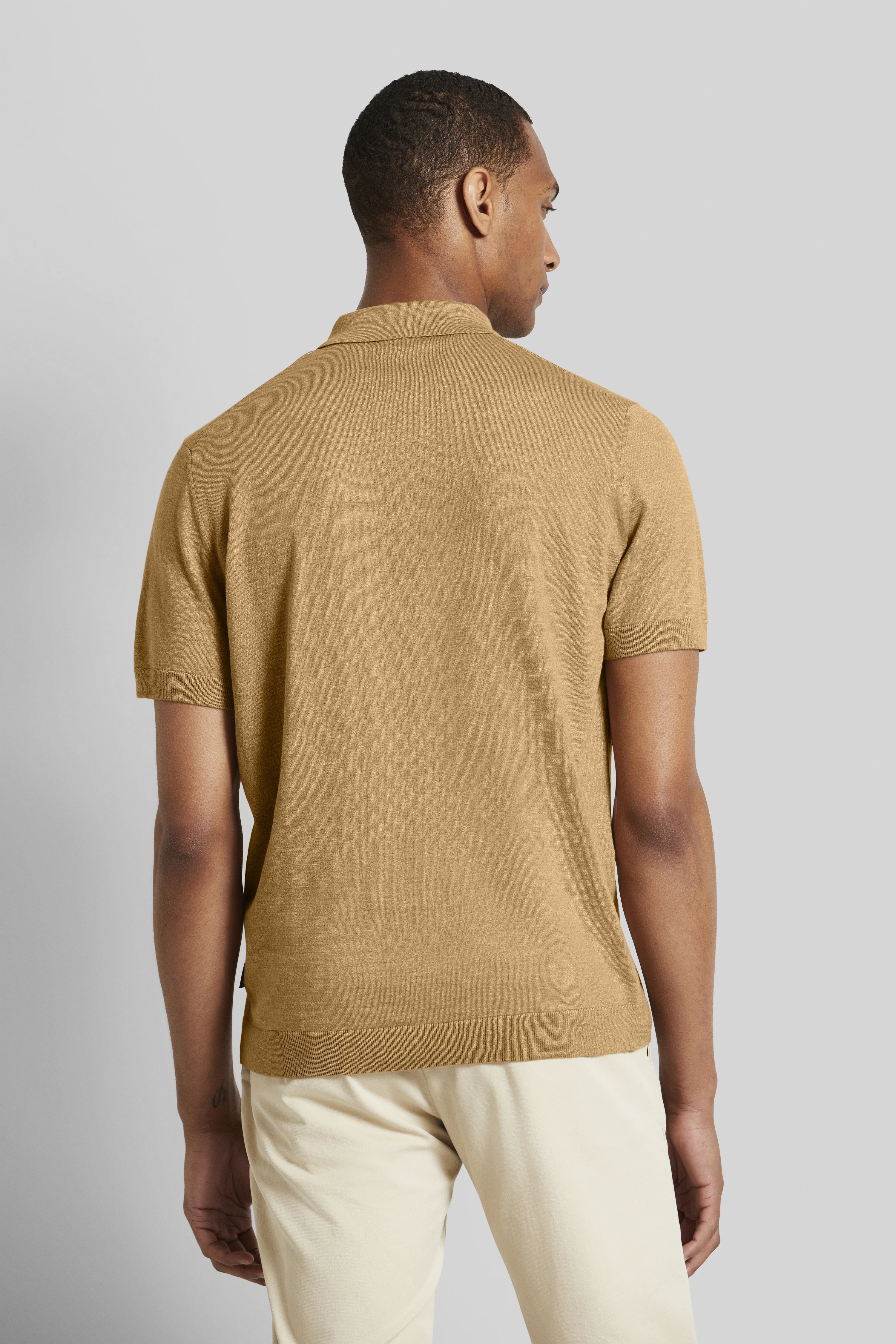 Beige bugatti polo, casual model, back view, relaxed pose, perfect for stylish leisure.
