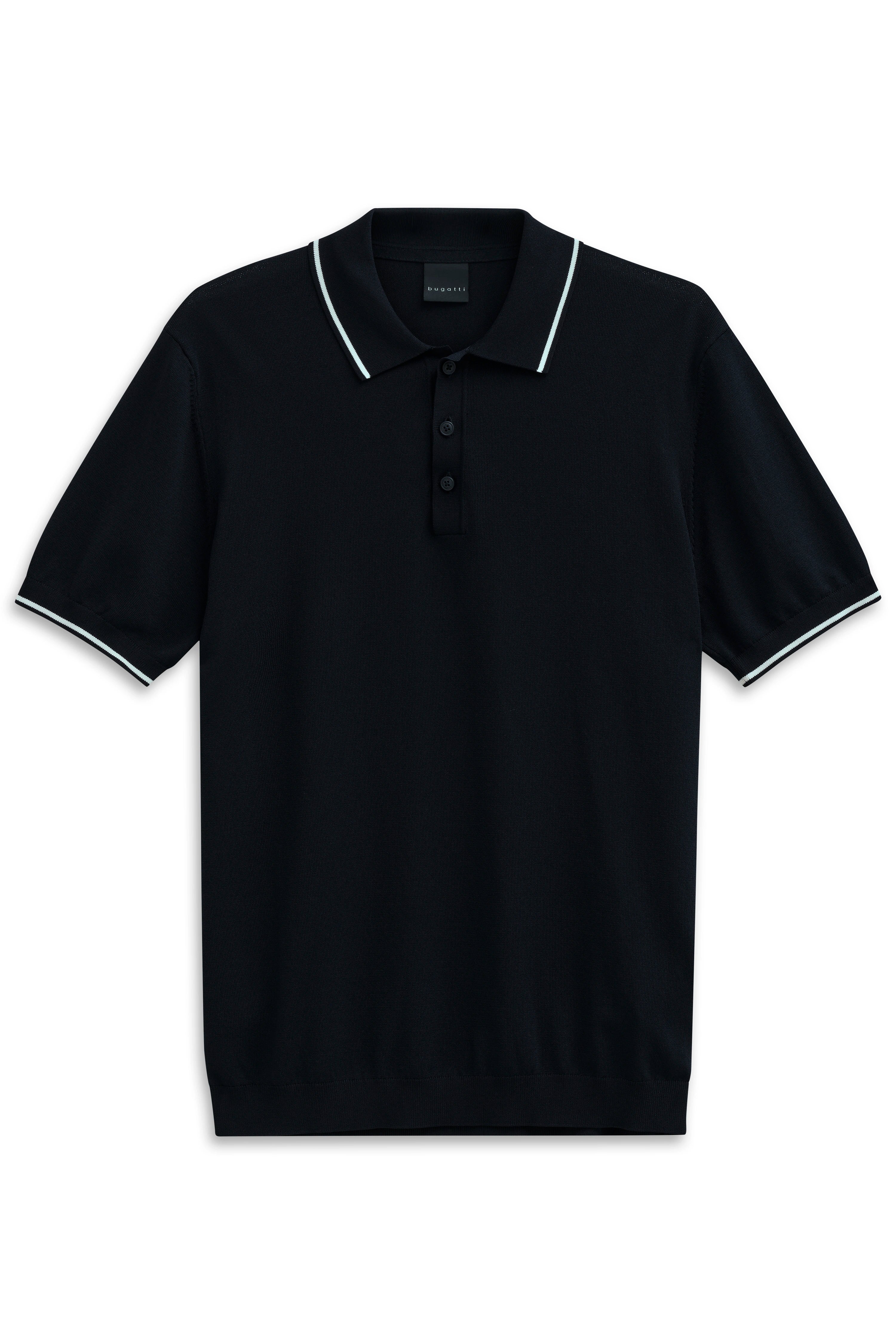 Schwarzes bugatti Polohemd mit weißem Kontrastkragen und Bündchen, legeres Büstenbild.