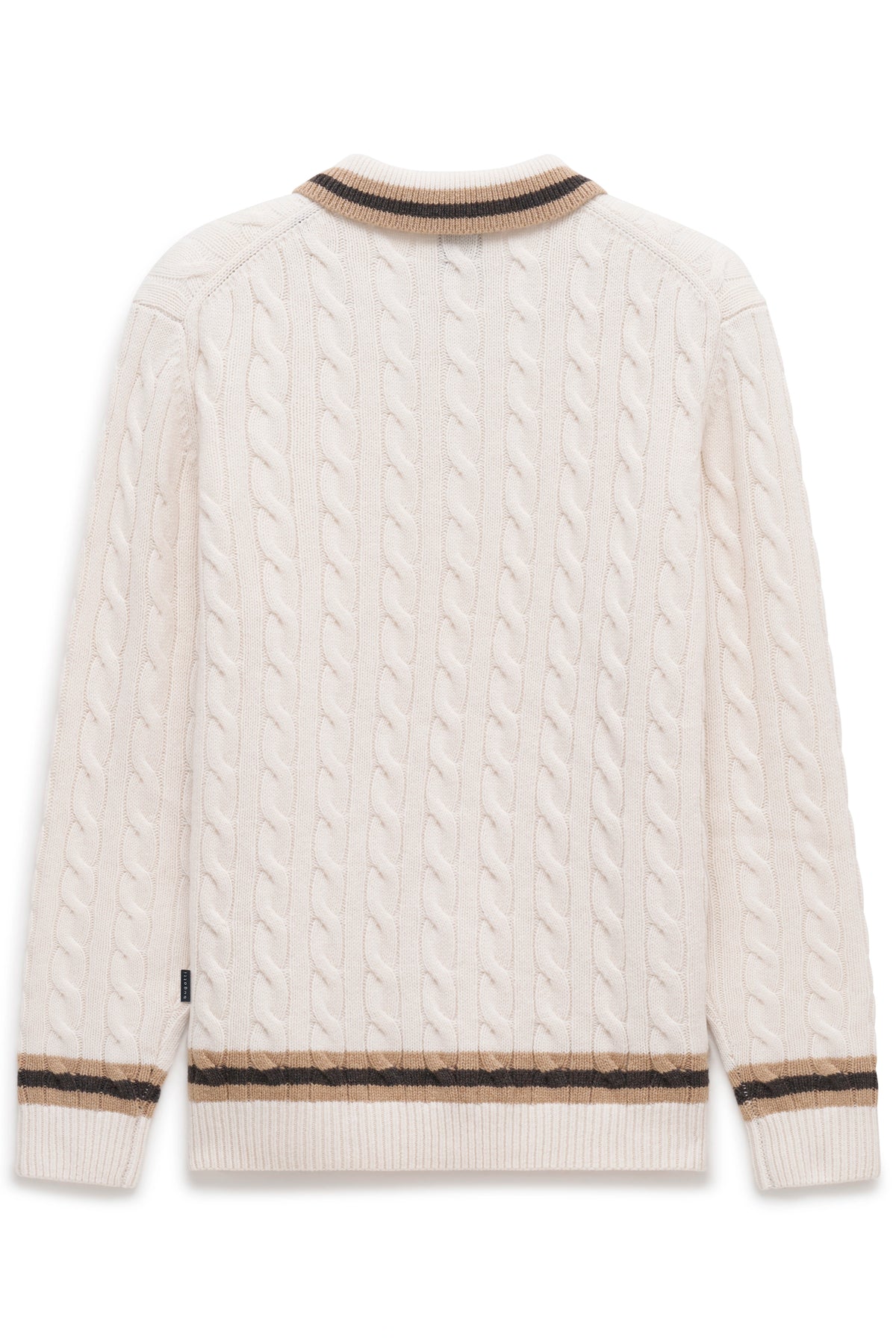 Beiger Strickpullover mit Zopfmuster und gestreiftem Kragen, Rückansicht, legeres Bild.