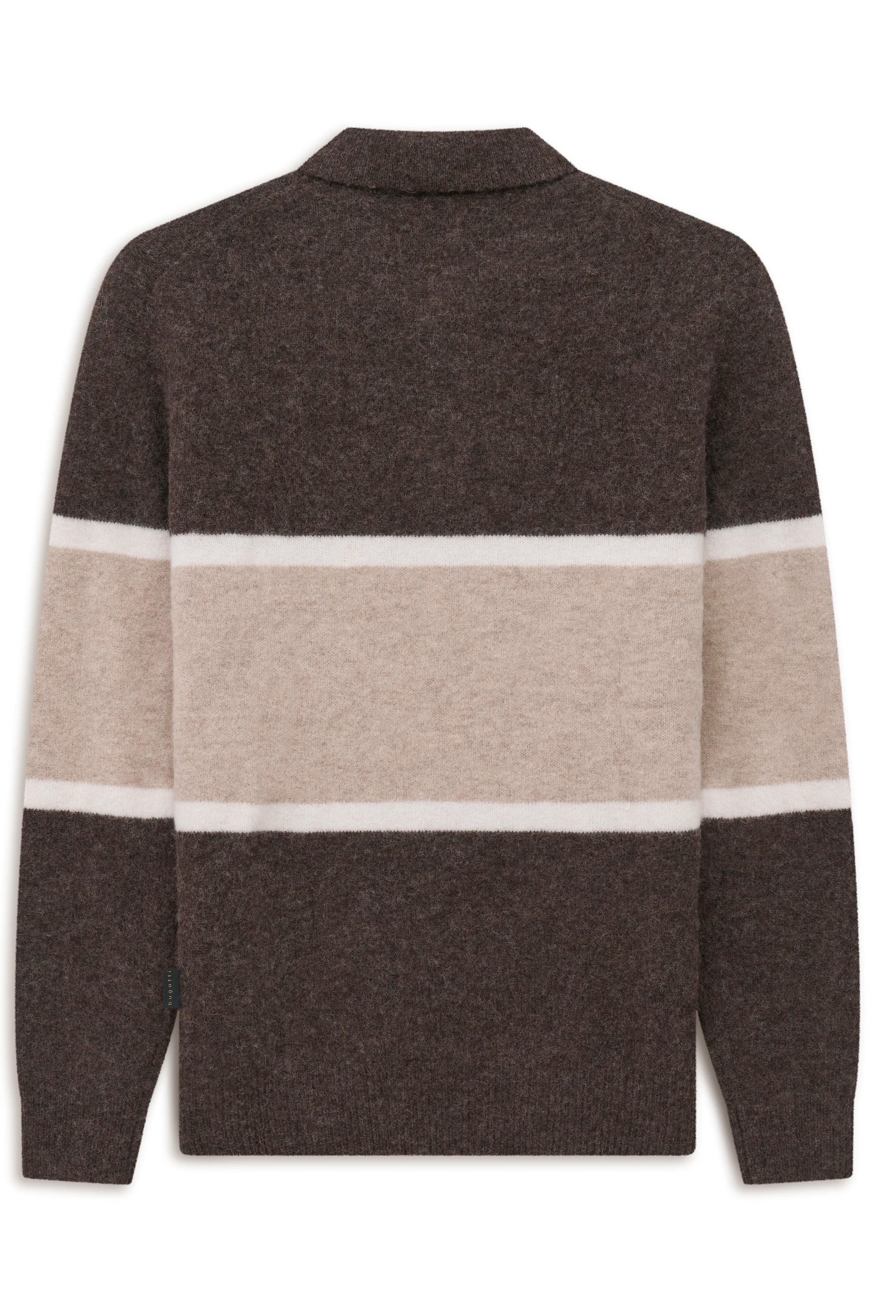 Brauner bugatti Pullover mit beigefarbenen Streifen, Büstenbild, hochwertiges Material.