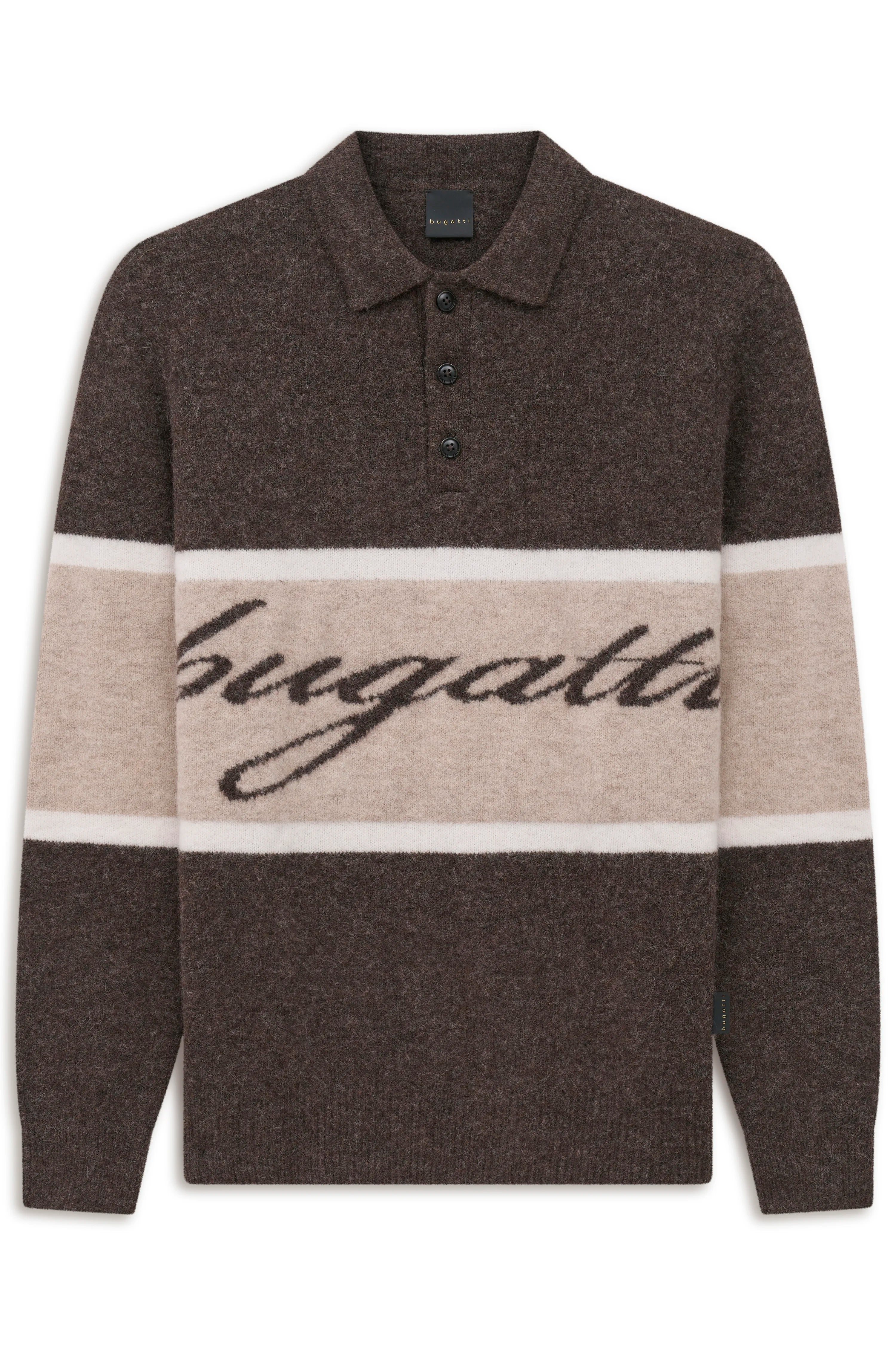 Brauner bugatti Pullover mit Streifen und Logo, Büstenbild.