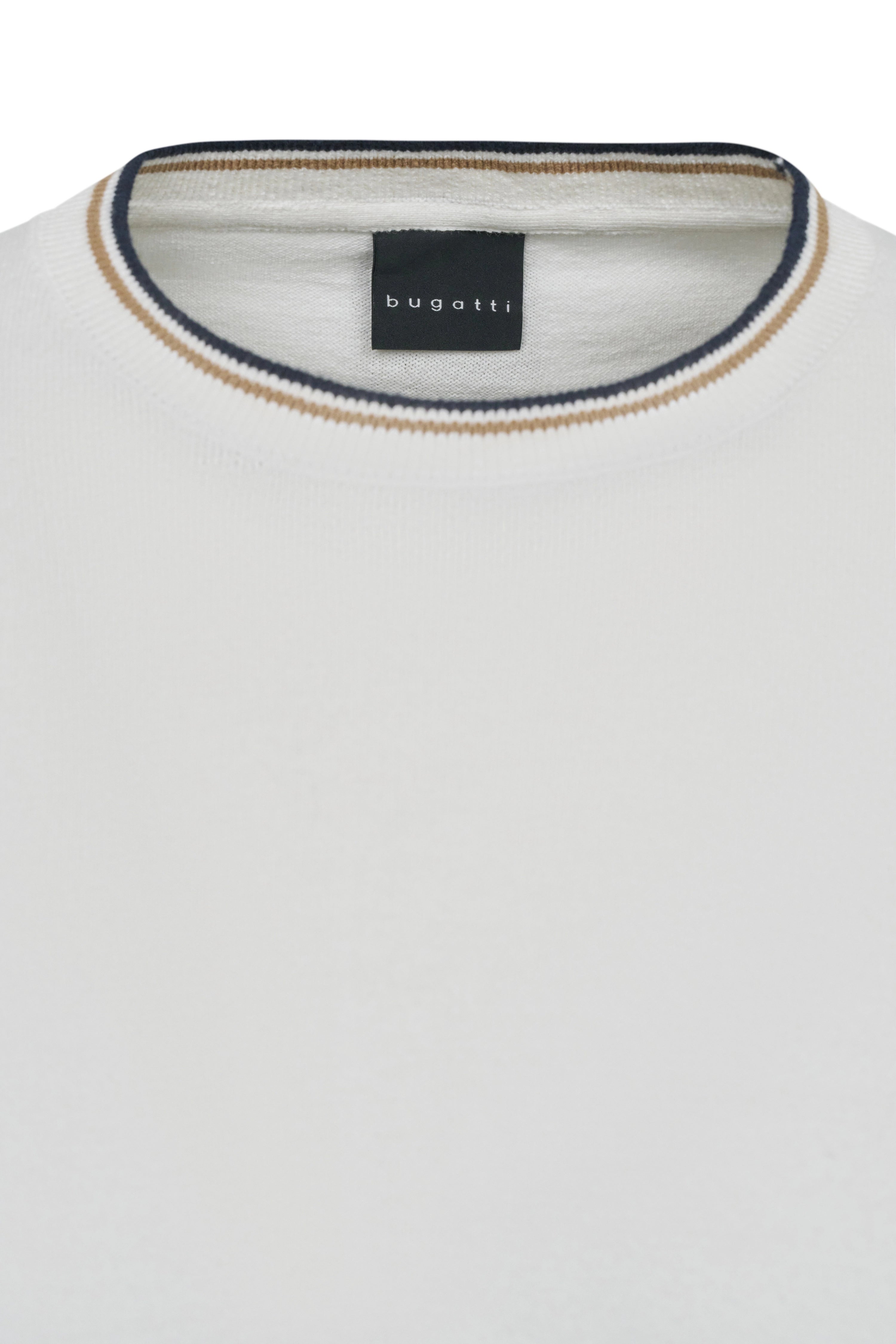 White bugatti top with round neck, brown and blue detail stripes, bust image.