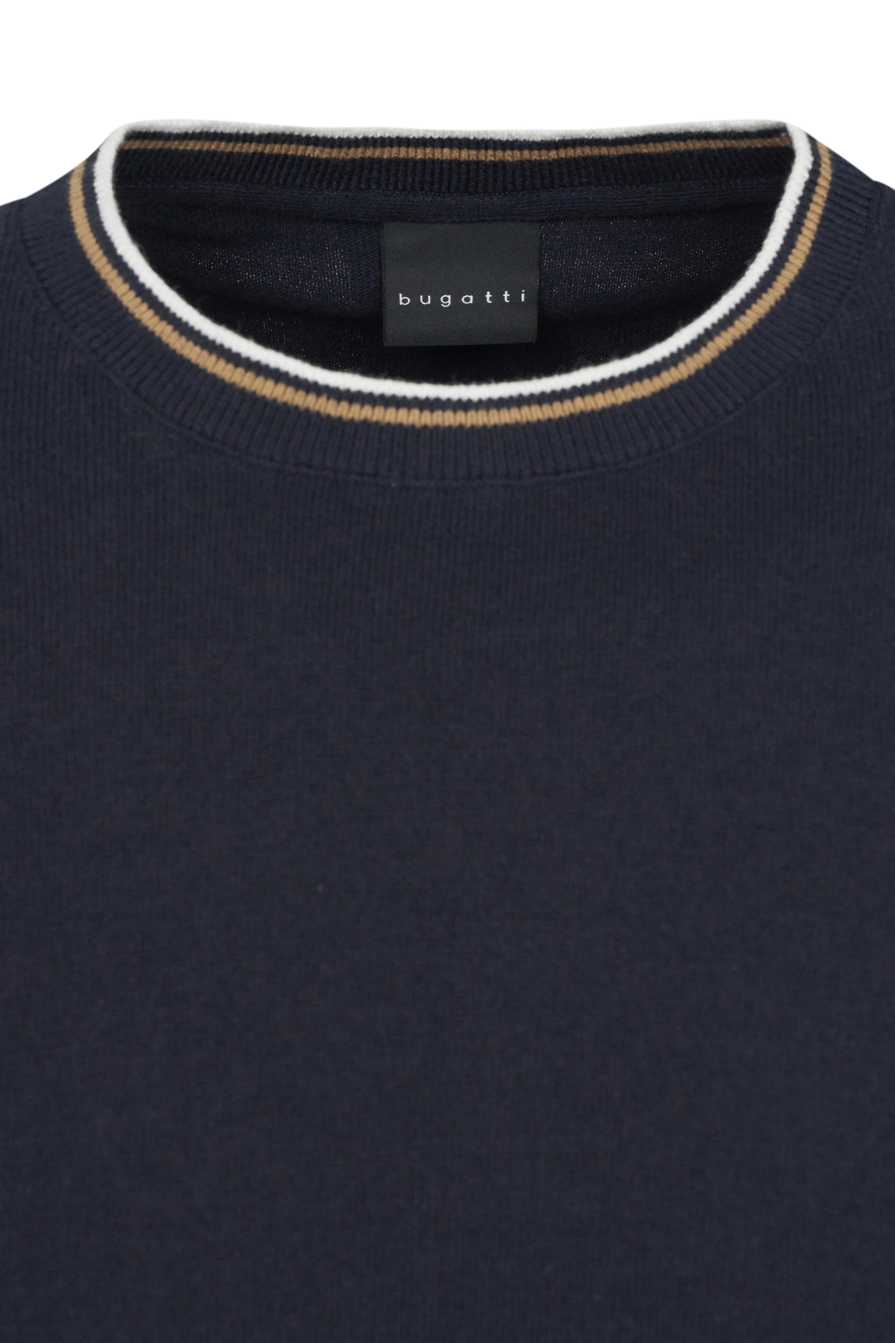 Dark blue bugatti sweater with striped collar, bust image. High-quality material and stylish design.