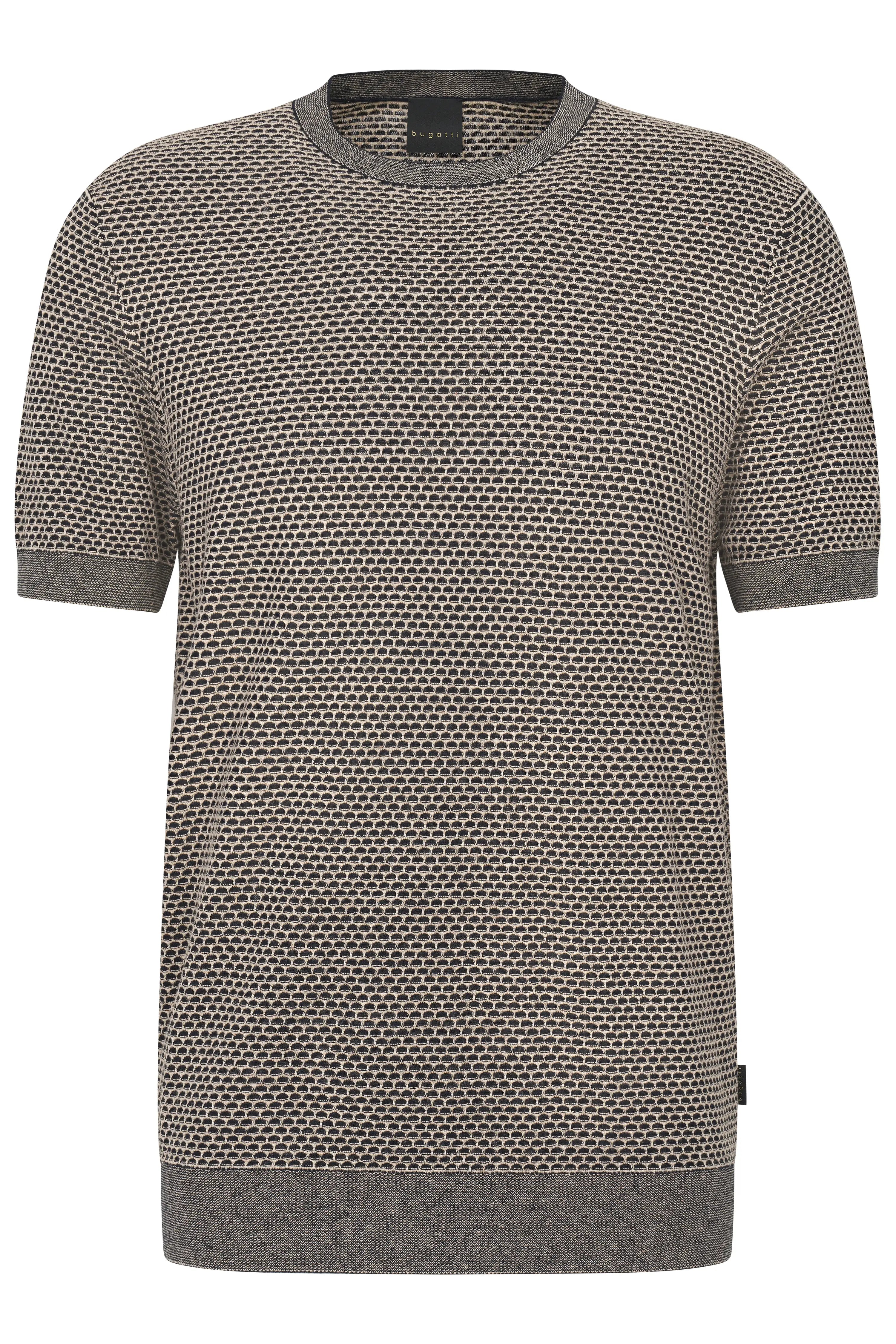 Borstbeeld: bugatti T-shirt, beige-grijs met geometrisch patroon, korte mouwen, klassieke ronde hals.