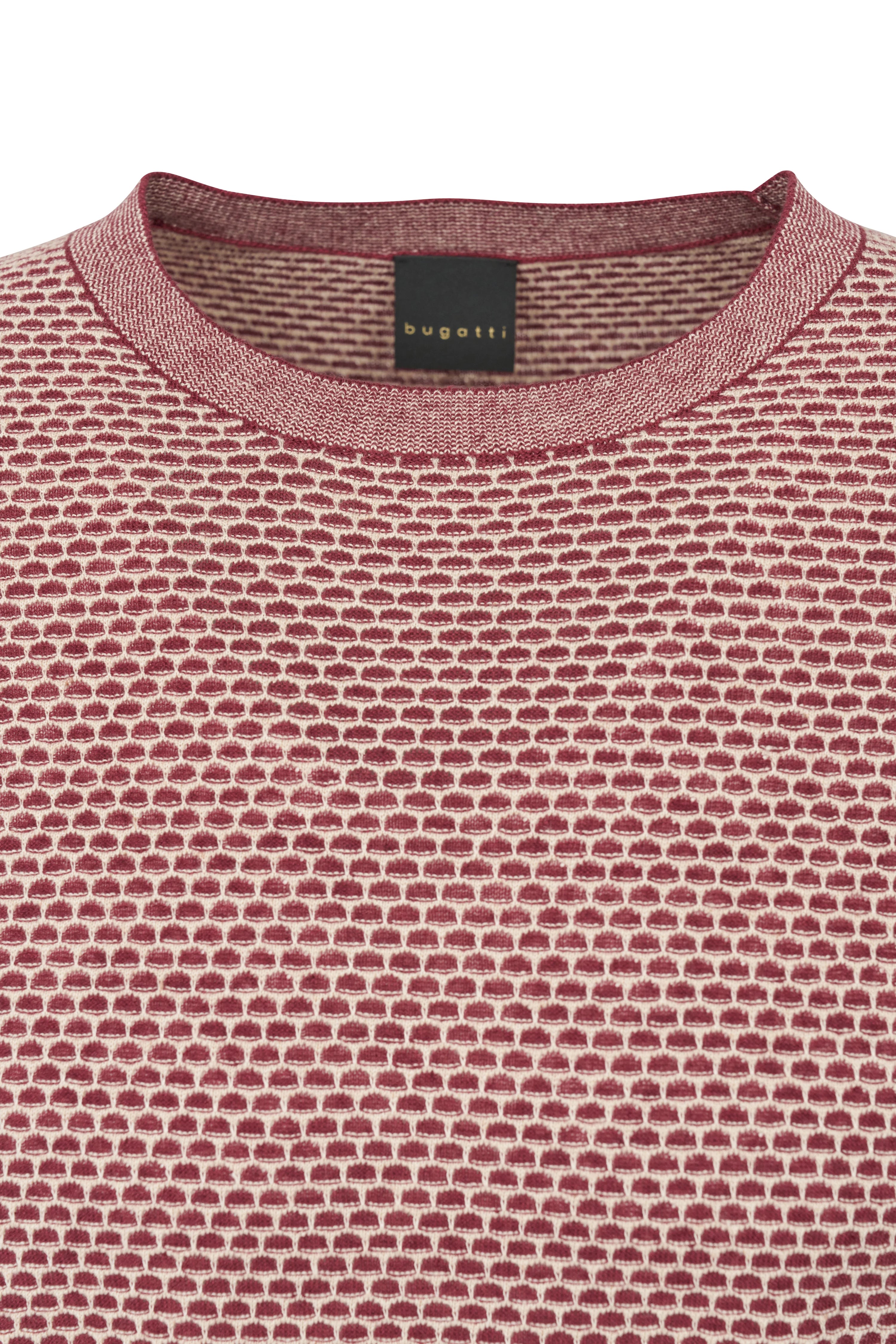 bugatti sweater bust image, red-white pattern, crew neck, stylish design.