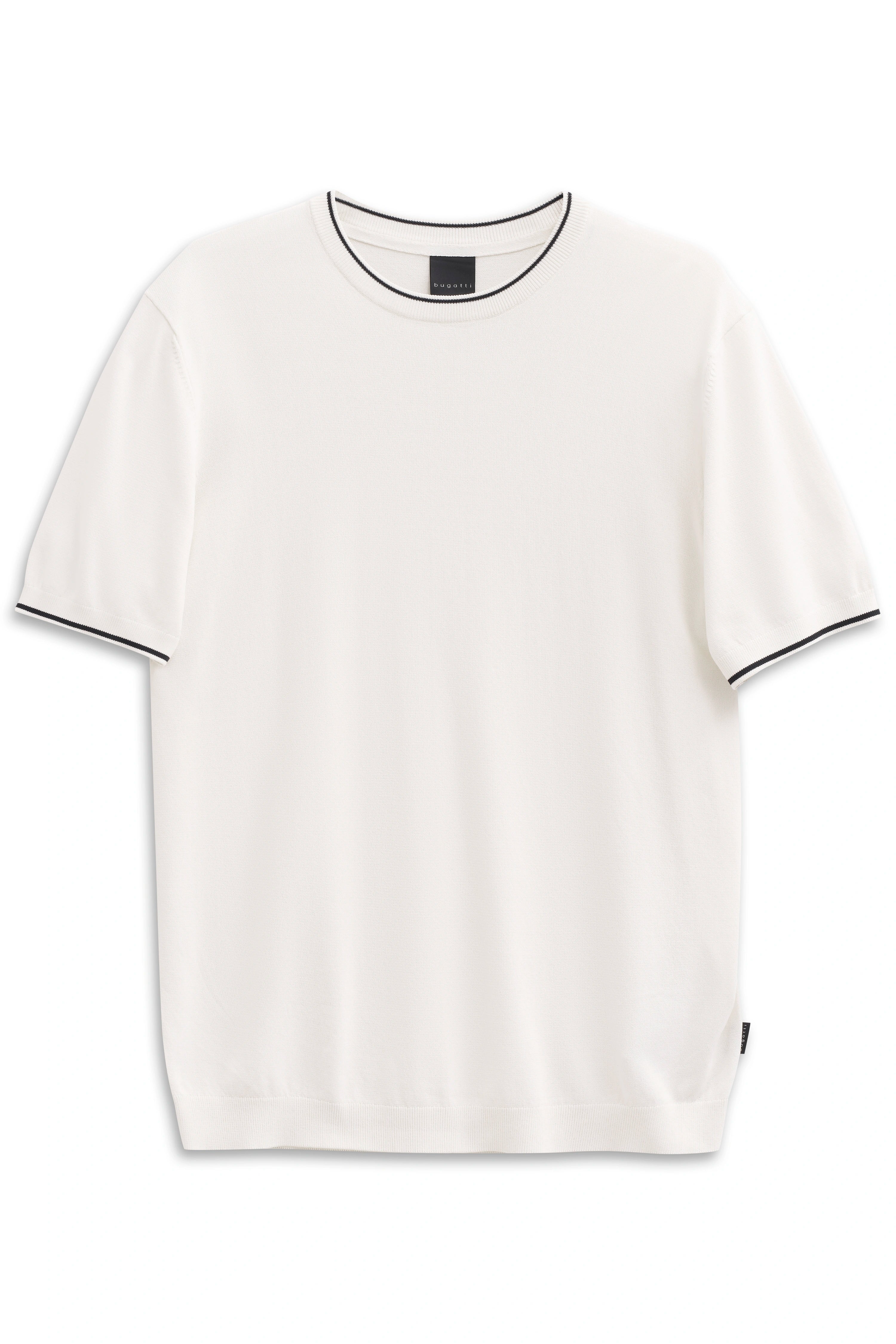 White bugatti T-shirt, black collar trim, bust view.