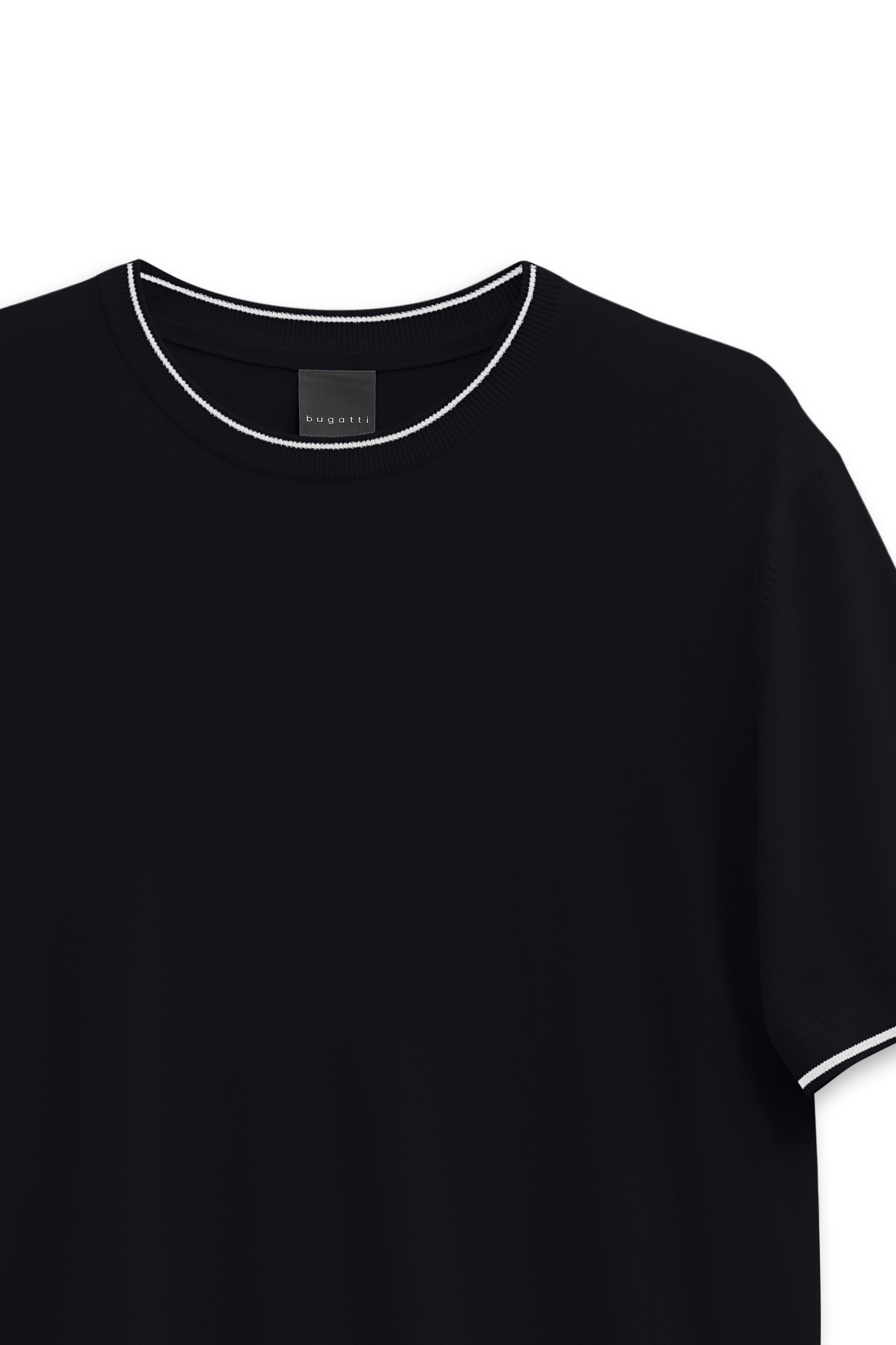 Schwarzes bugatti T-Shirt, weißer Kragenrand, Büstenbild, zeitloses Design.