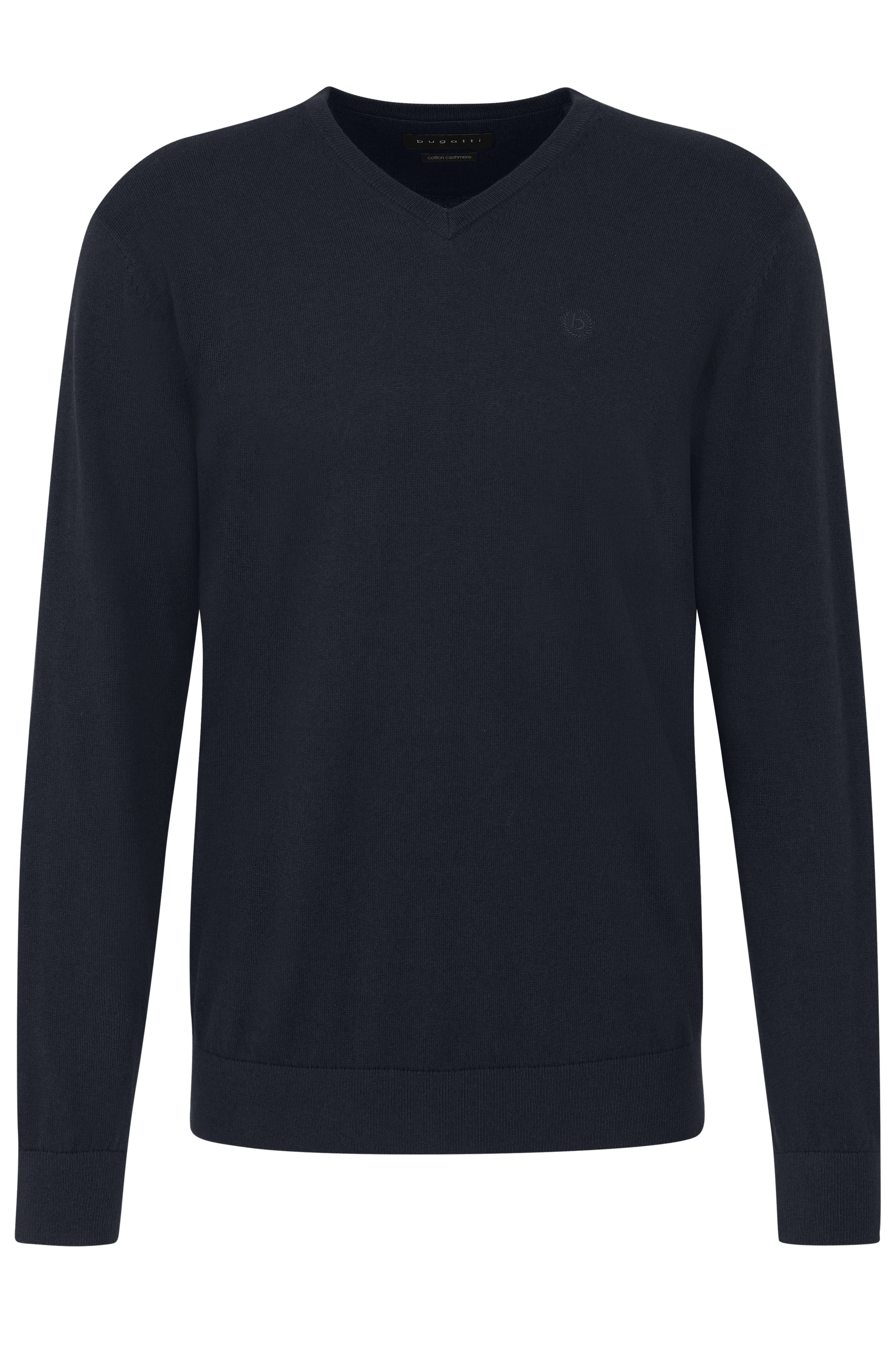 Dark blue bugatti V-neck sweater, casual bust image, stylish and timeless.