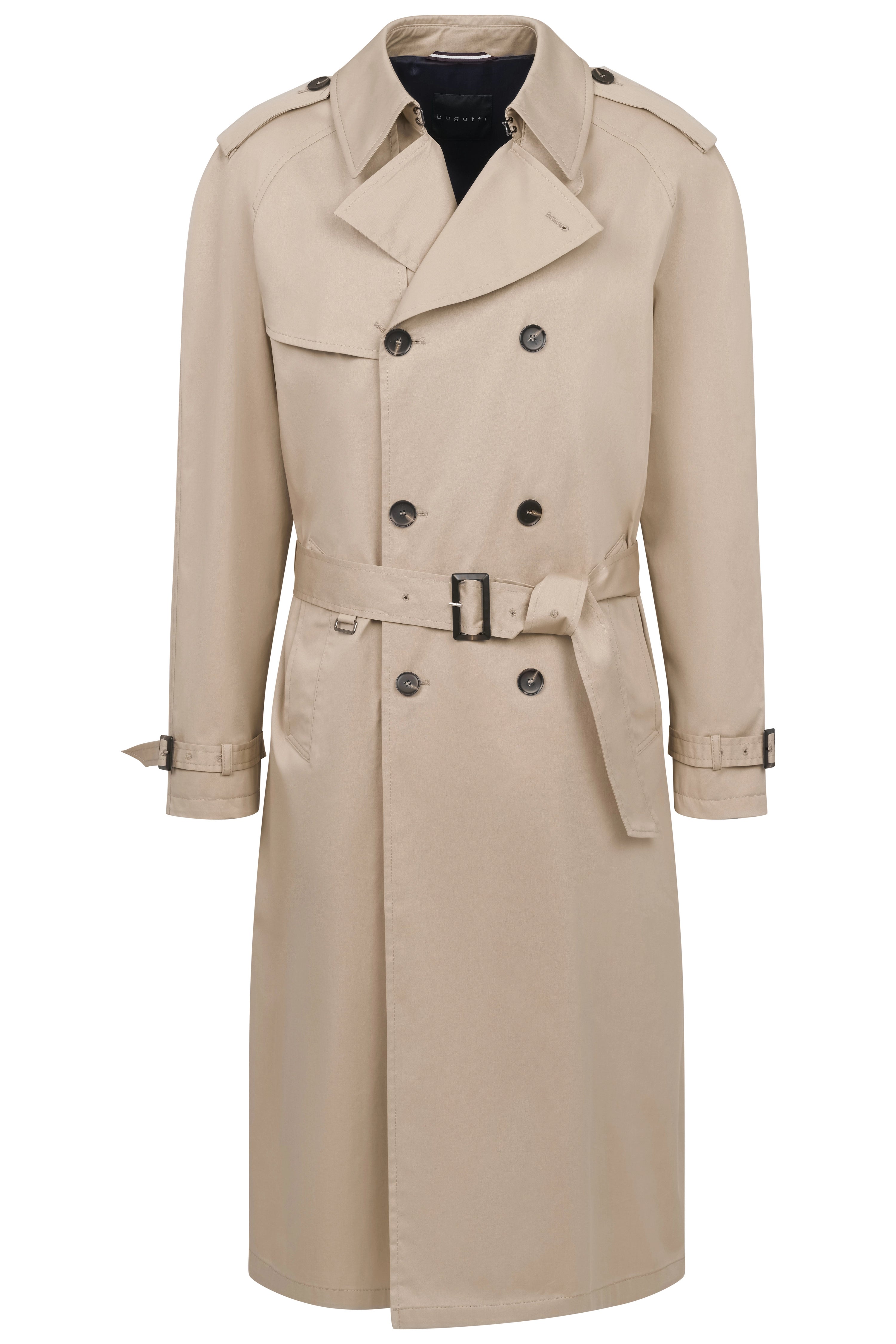 Beige bugatti trenchcoat, klassiek silhouet, buste, met riem en knopen.